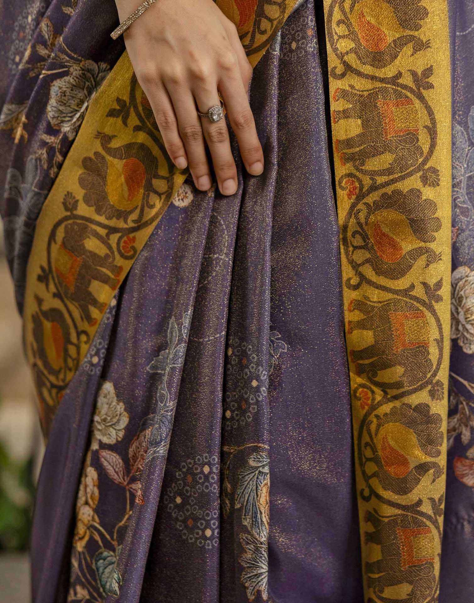 Dark Purple Shimmer Silk Floral Printed Saree