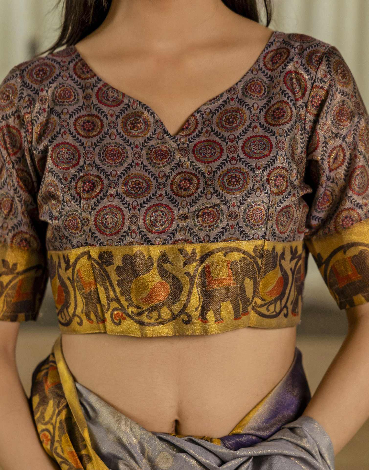 Dark Purple Shimmer Silk Floral Printed Saree