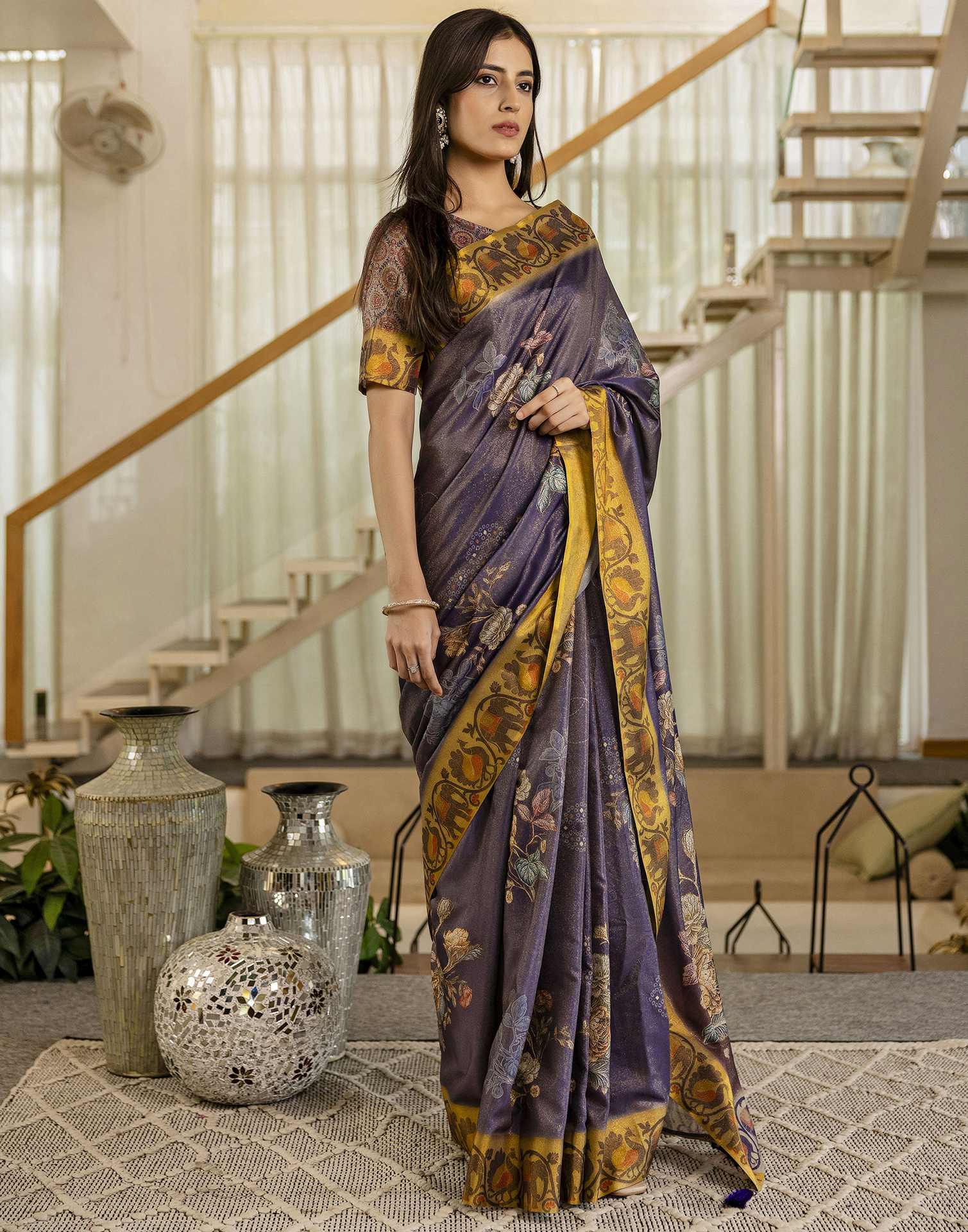 Dark Purple Shimmer Silk Floral Printed Saree