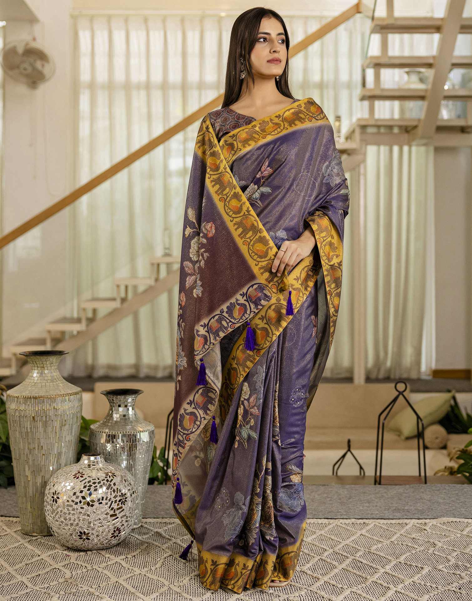 Dark Purple Shimmer Silk Floral Printed Saree