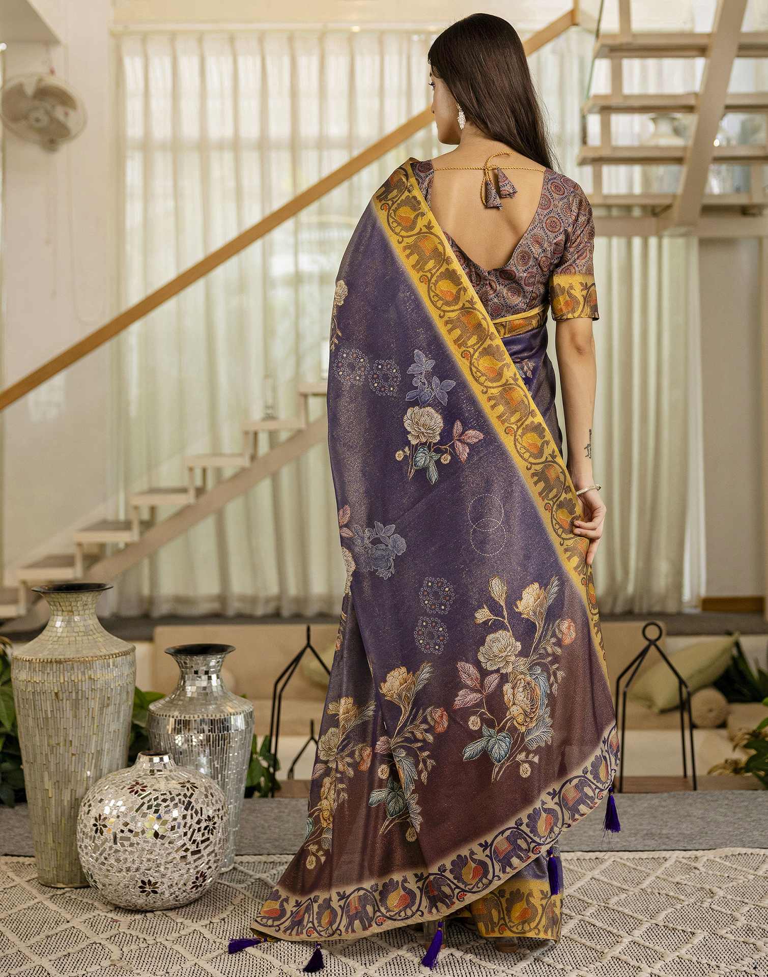 Dark Purple Shimmer Silk Floral Printed Saree