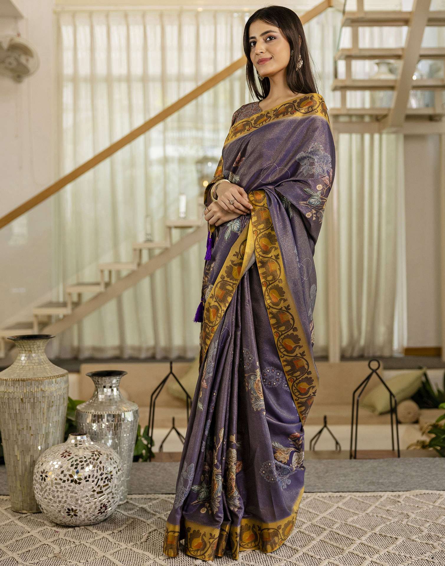 Dark Purple Shimmer Silk Floral Printed Saree