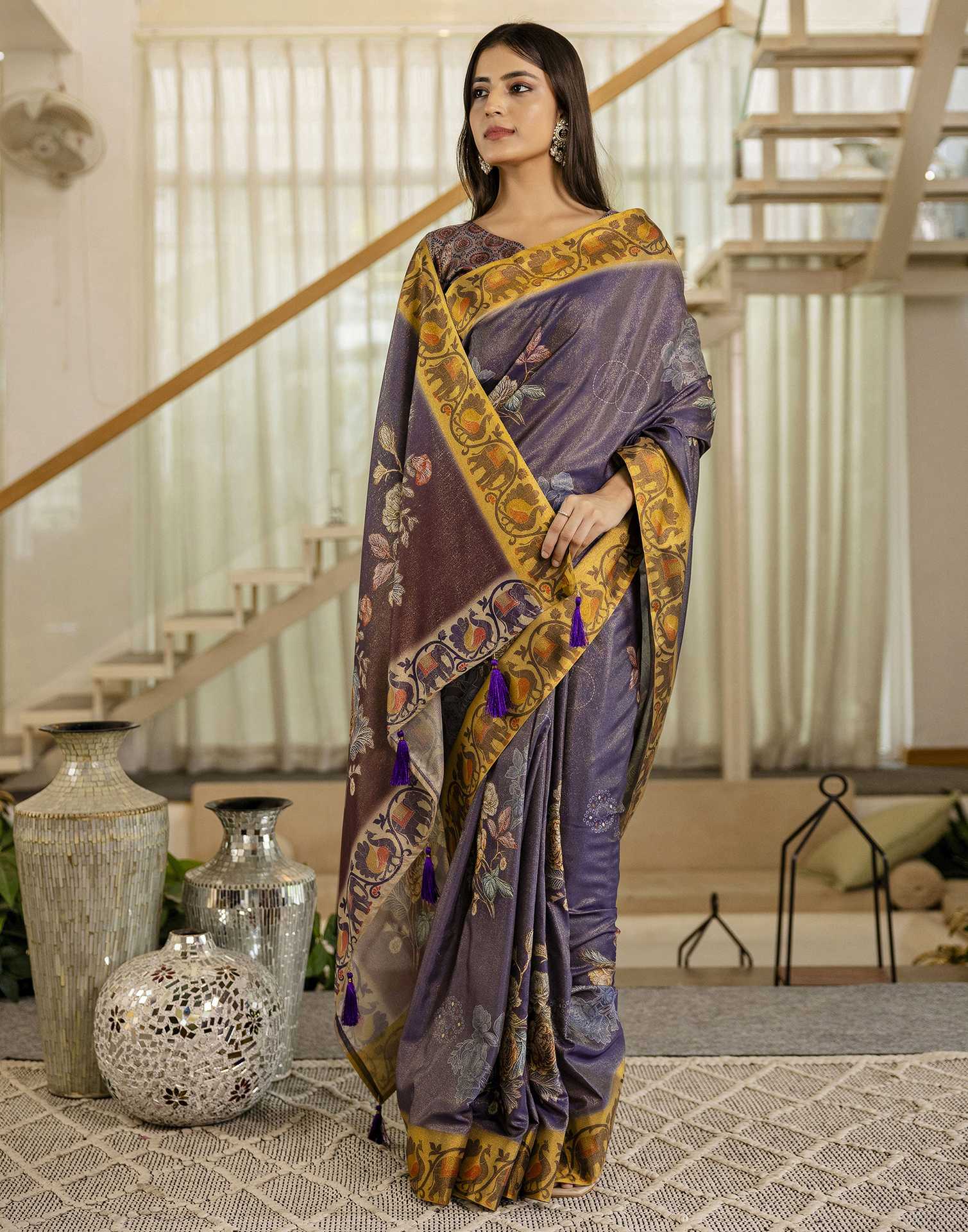 Dark Purple Shimmer Silk Floral Printed Saree
