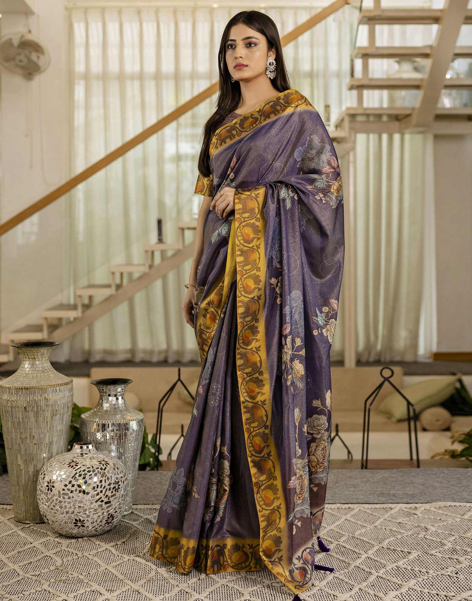 Dark Purple Shimmer Silk Floral Printed Saree