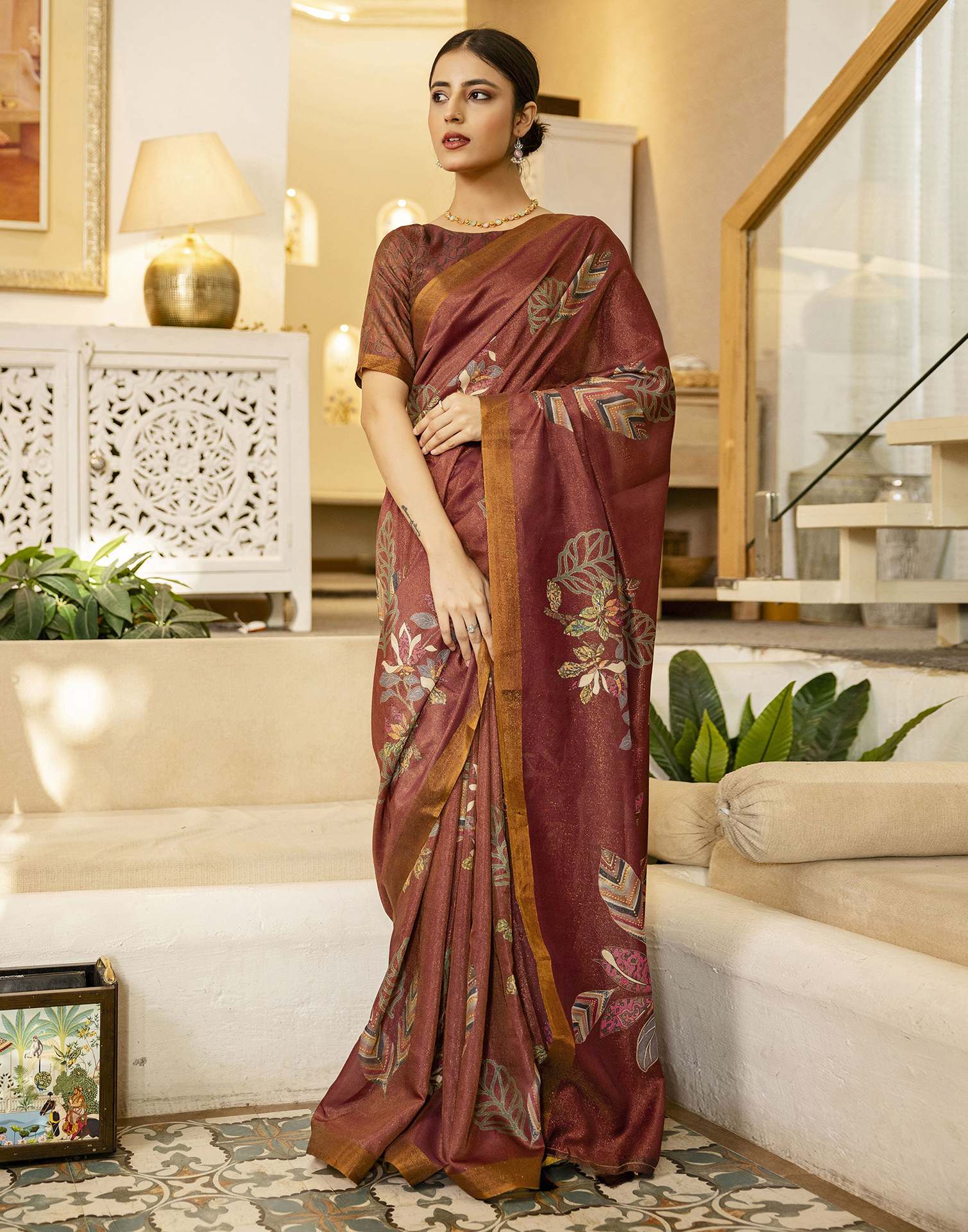 Maroon Shimmer Silk Floral Printed Saree