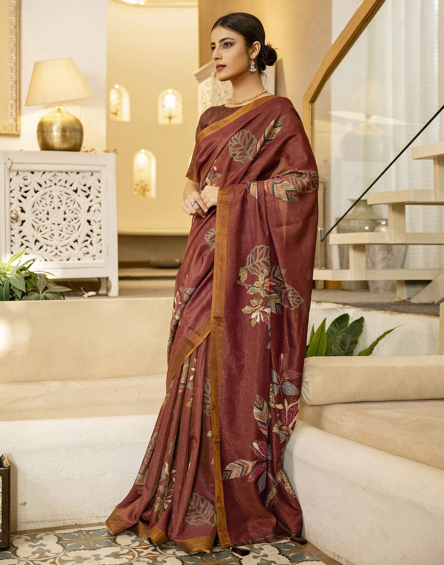 Maroon Shimmer Silk Floral Printed Saree