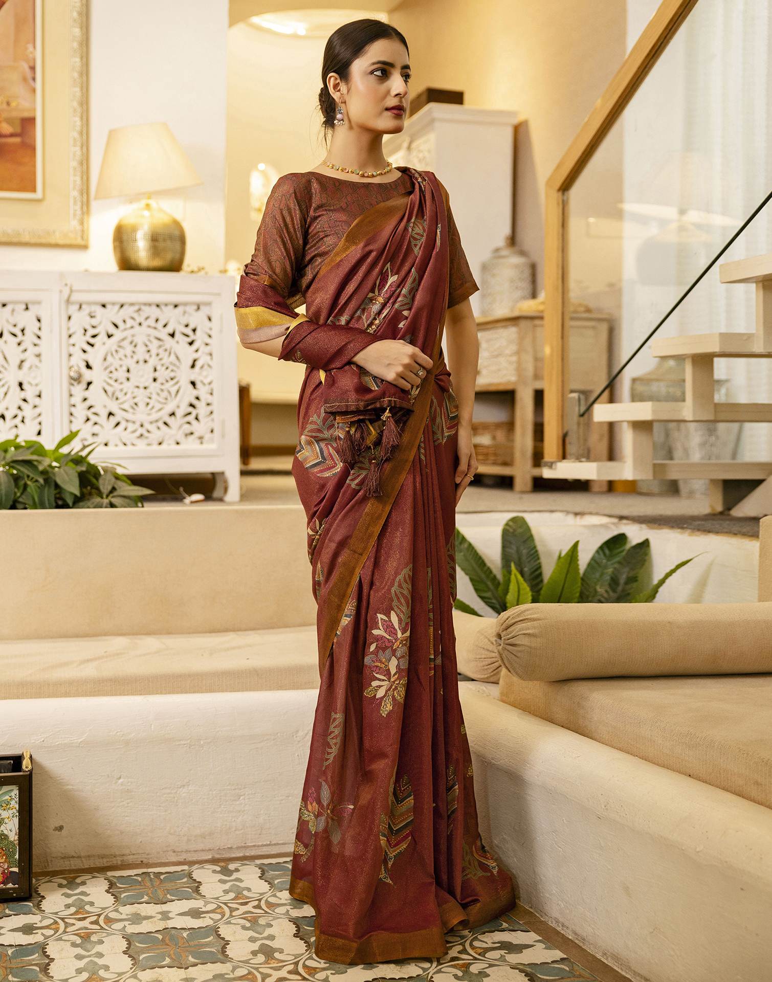 Maroon Shimmer Silk Floral Printed Saree