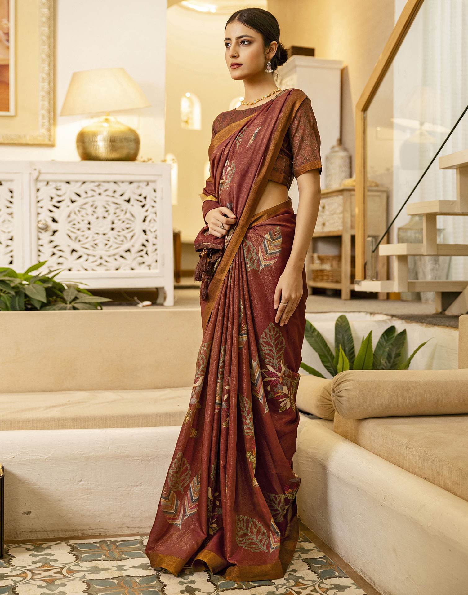 Maroon Shimmer Silk Floral Printed Saree