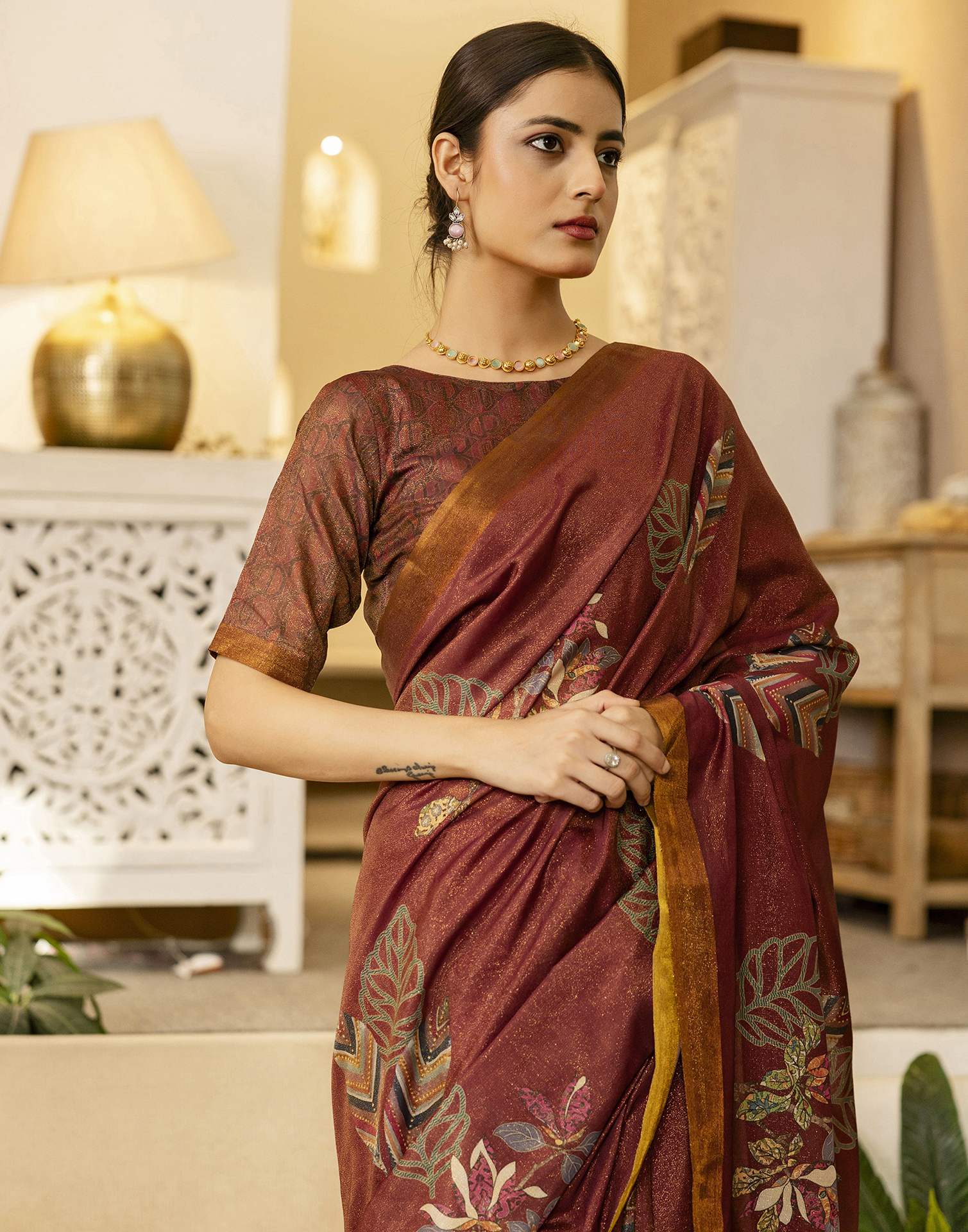 Maroon Shimmer Silk Floral Printed Saree