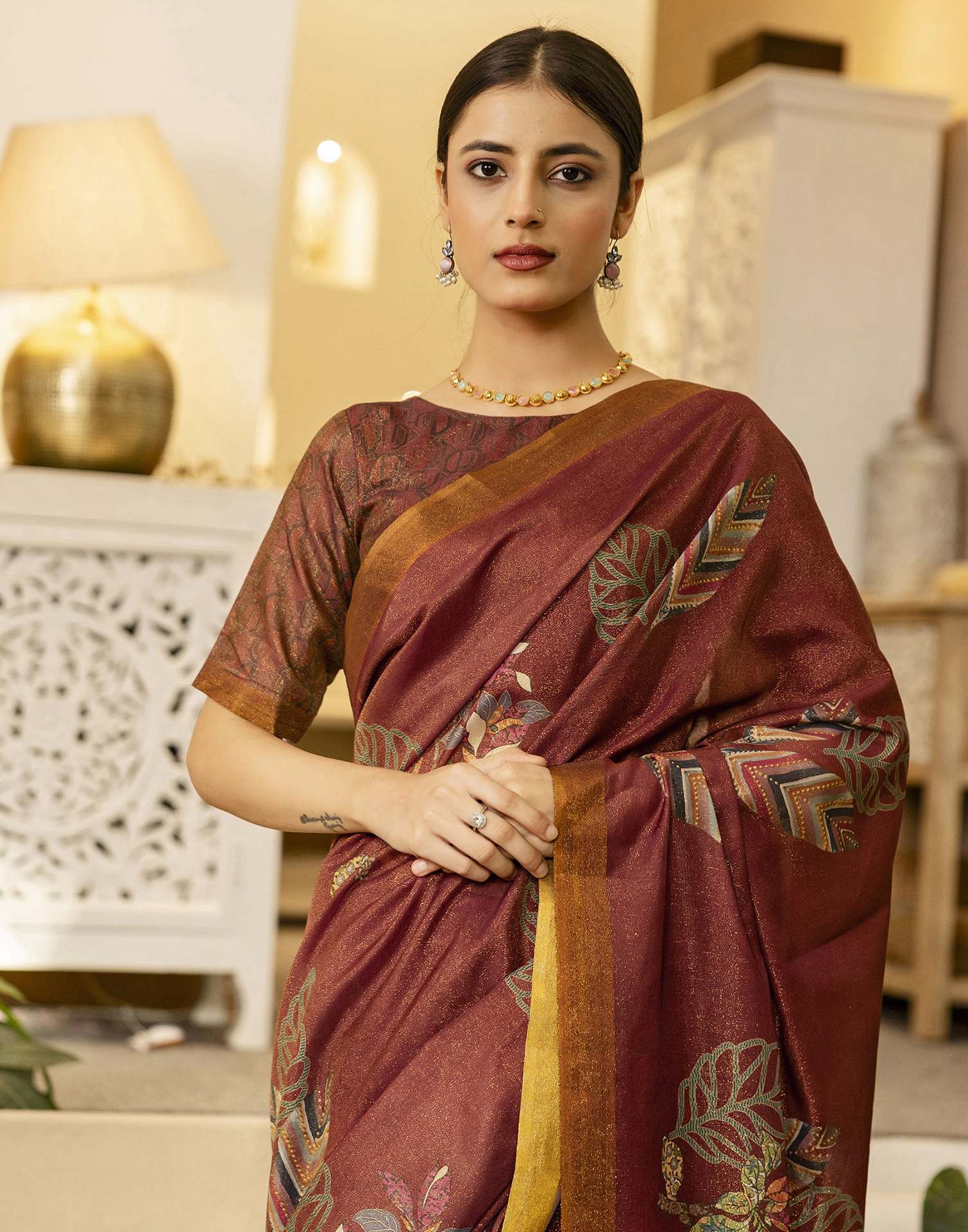 Maroon Shimmer Silk Floral Printed Saree