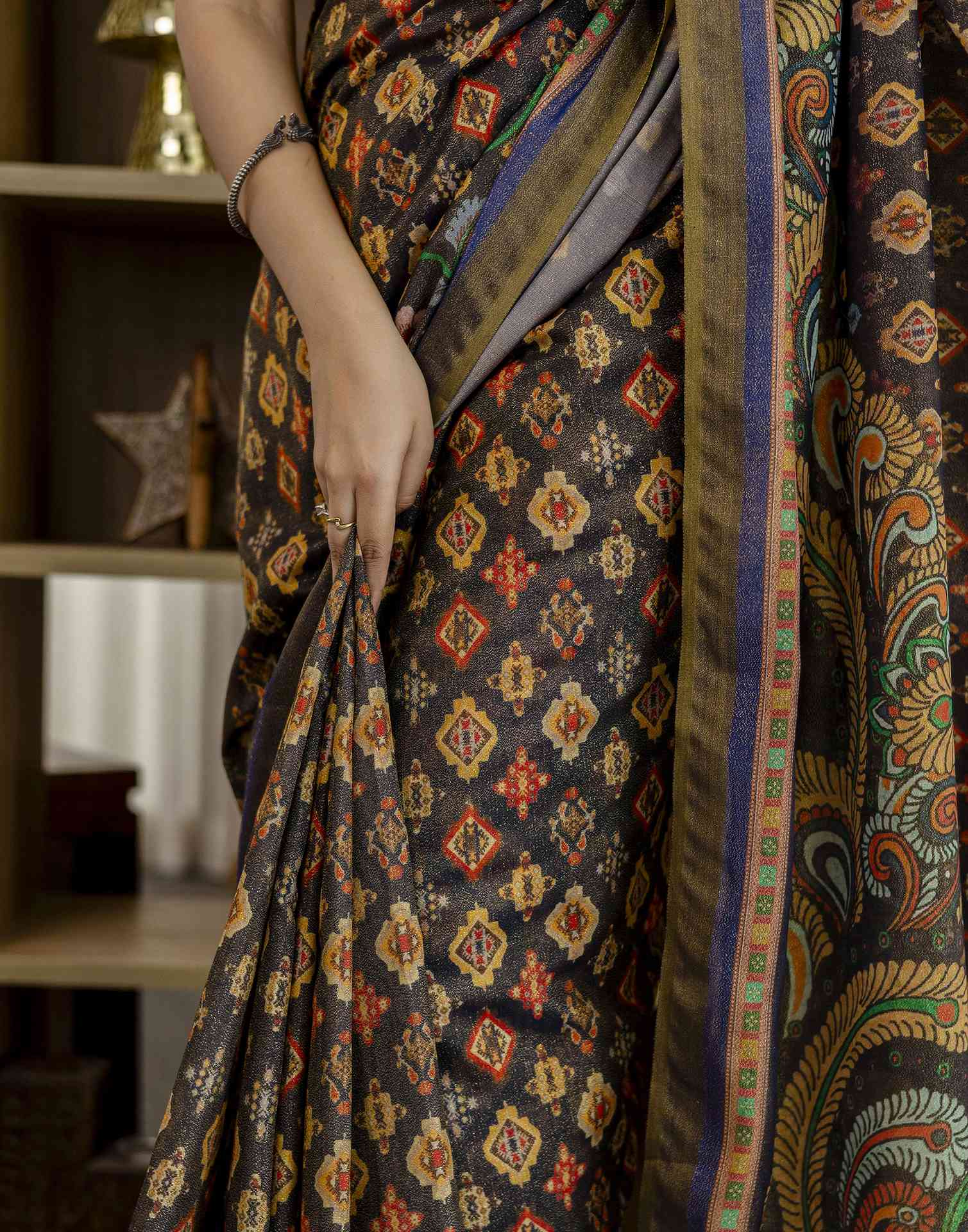 Navy Blue Shimmer Silk Printed Saree