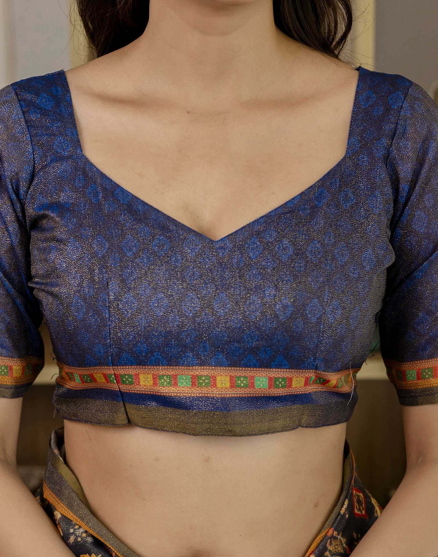 Navy Blue Shimmer Silk Printed Saree