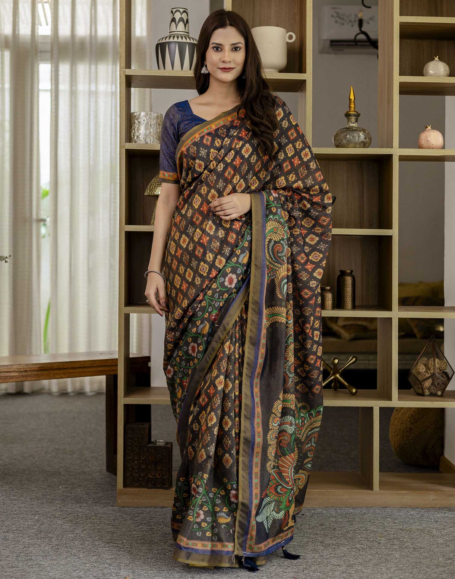 Navy Blue Shimmer Silk Printed Saree