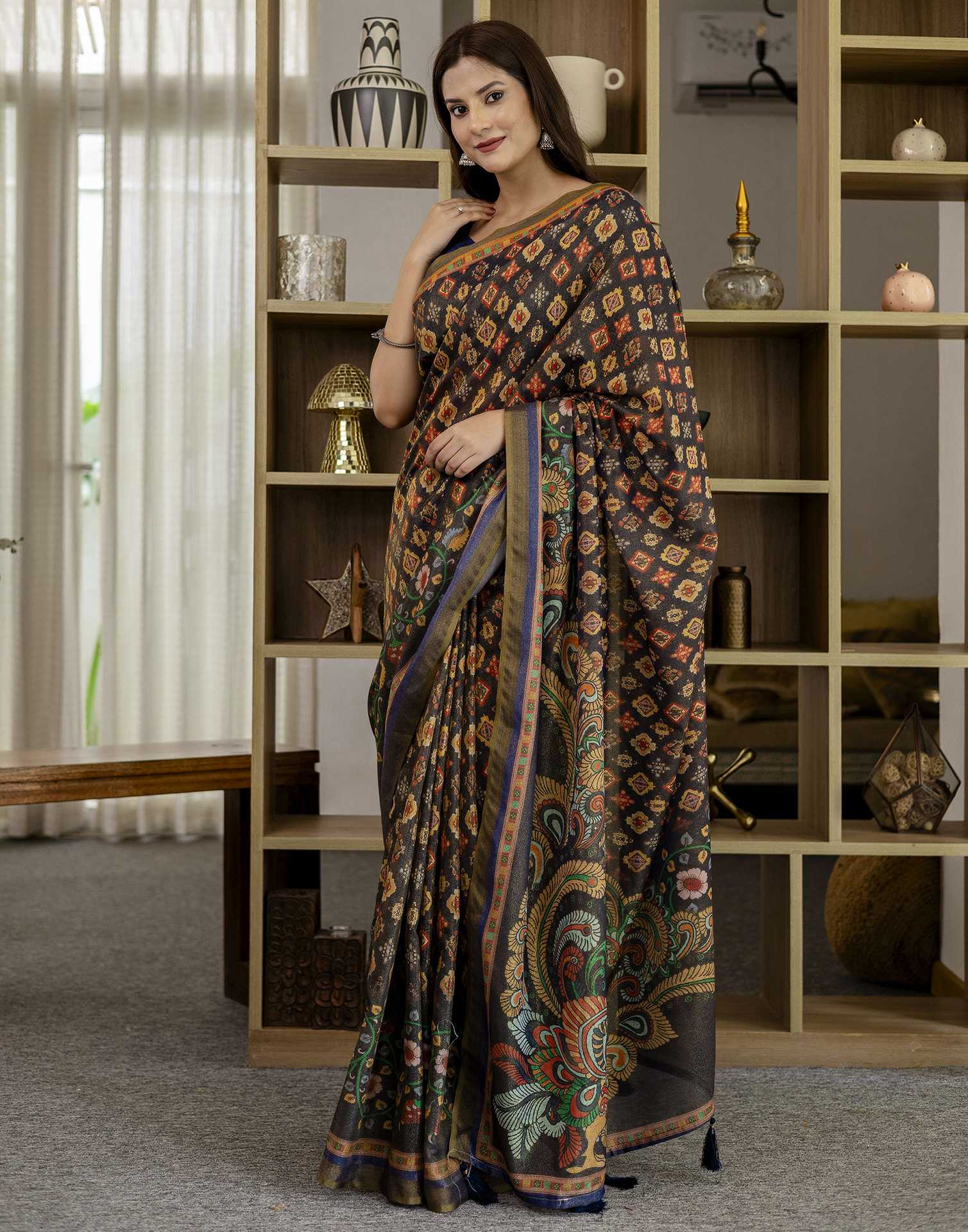 Navy Blue Shimmer Silk Printed Saree