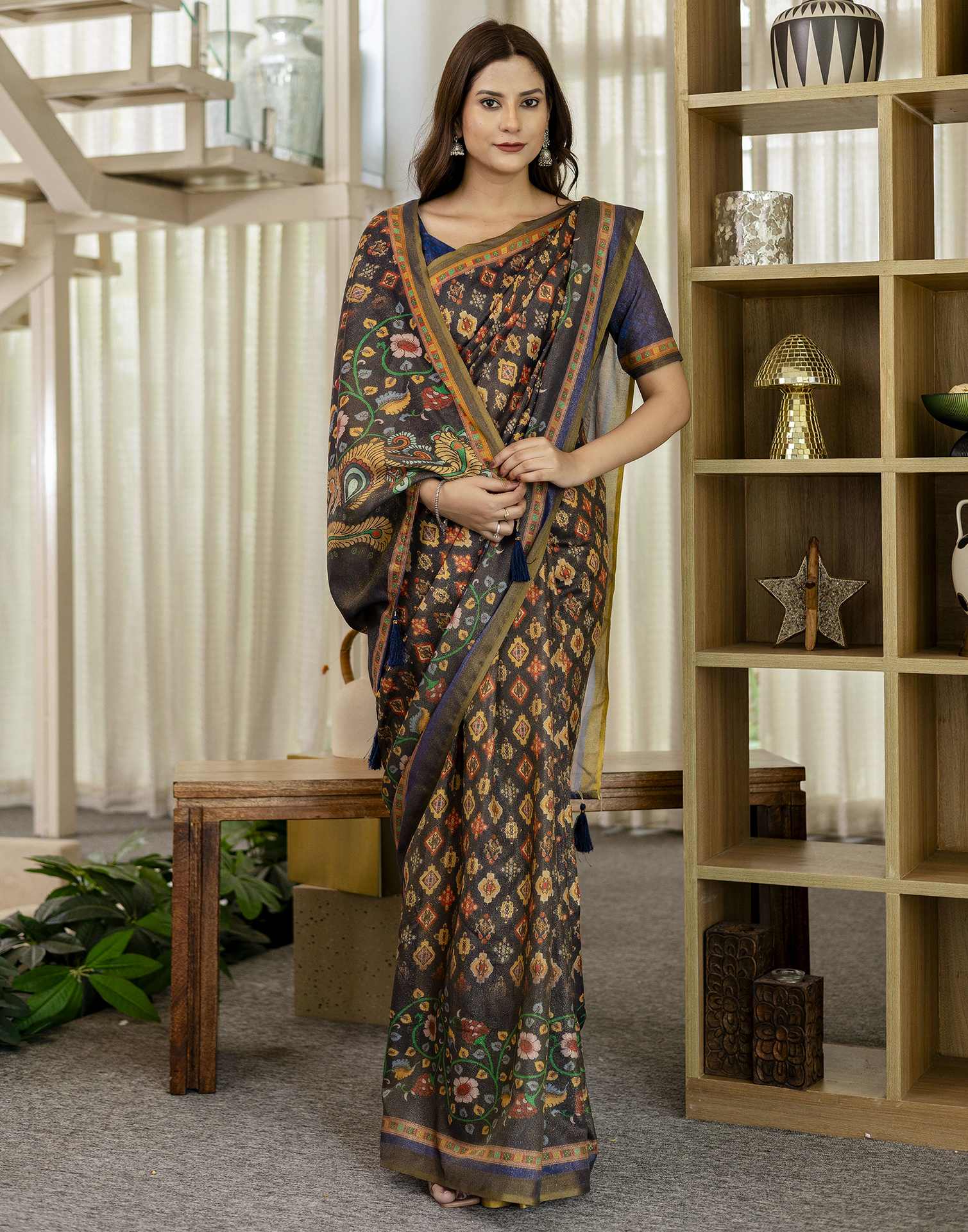 Navy Blue Shimmer Silk Printed Saree
