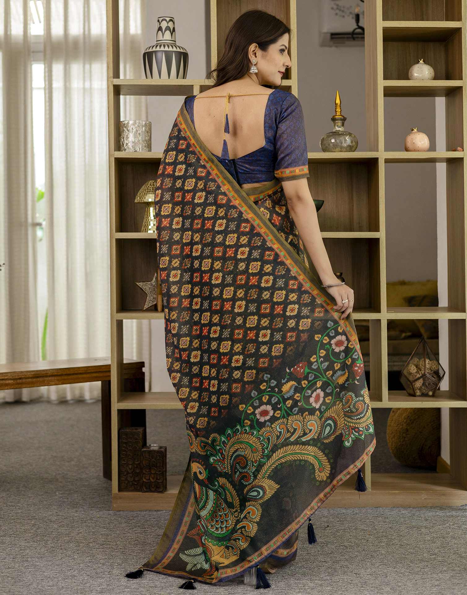 Navy Blue Shimmer Silk Printed Saree