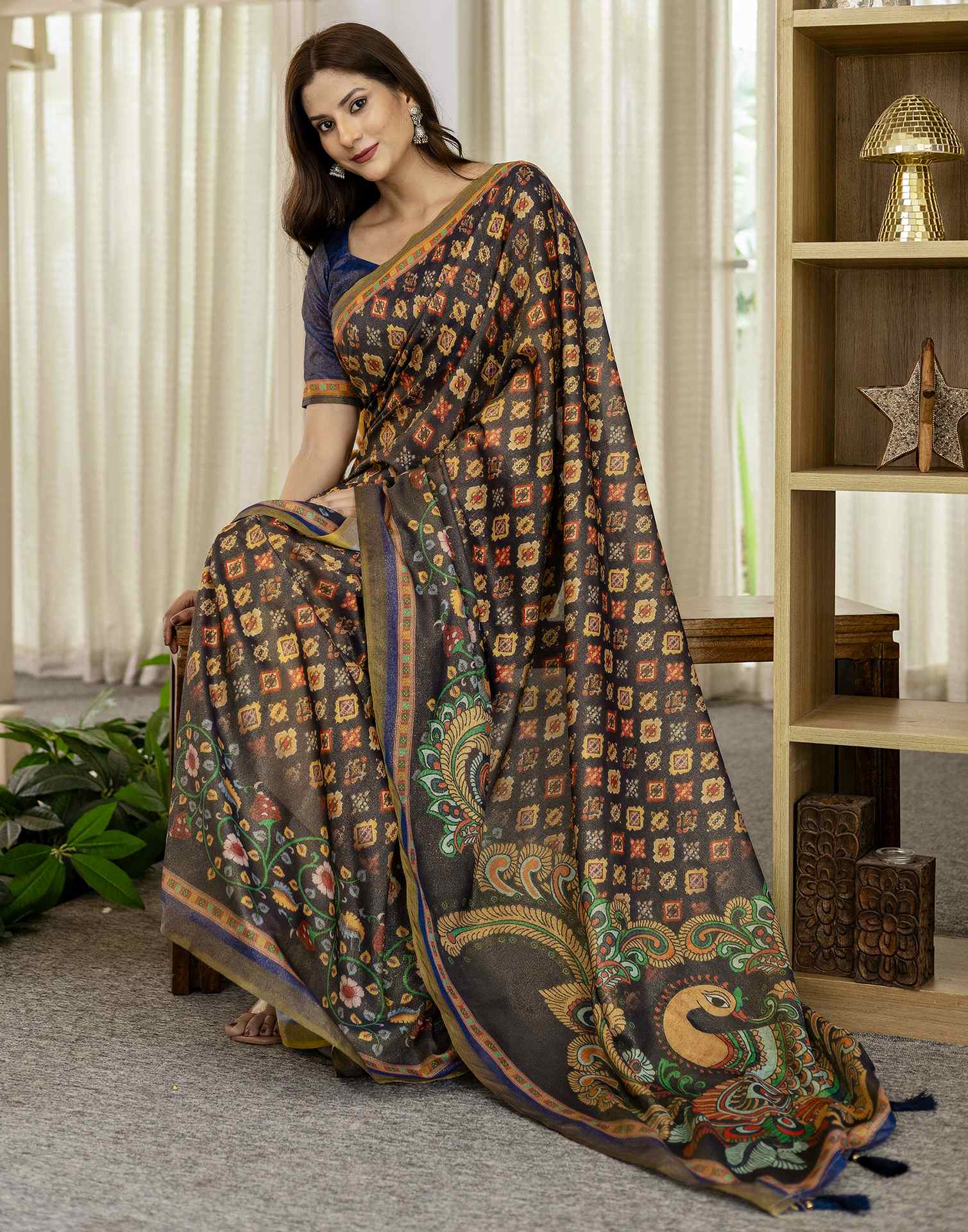 Navy Blue Shimmer Silk Printed Saree