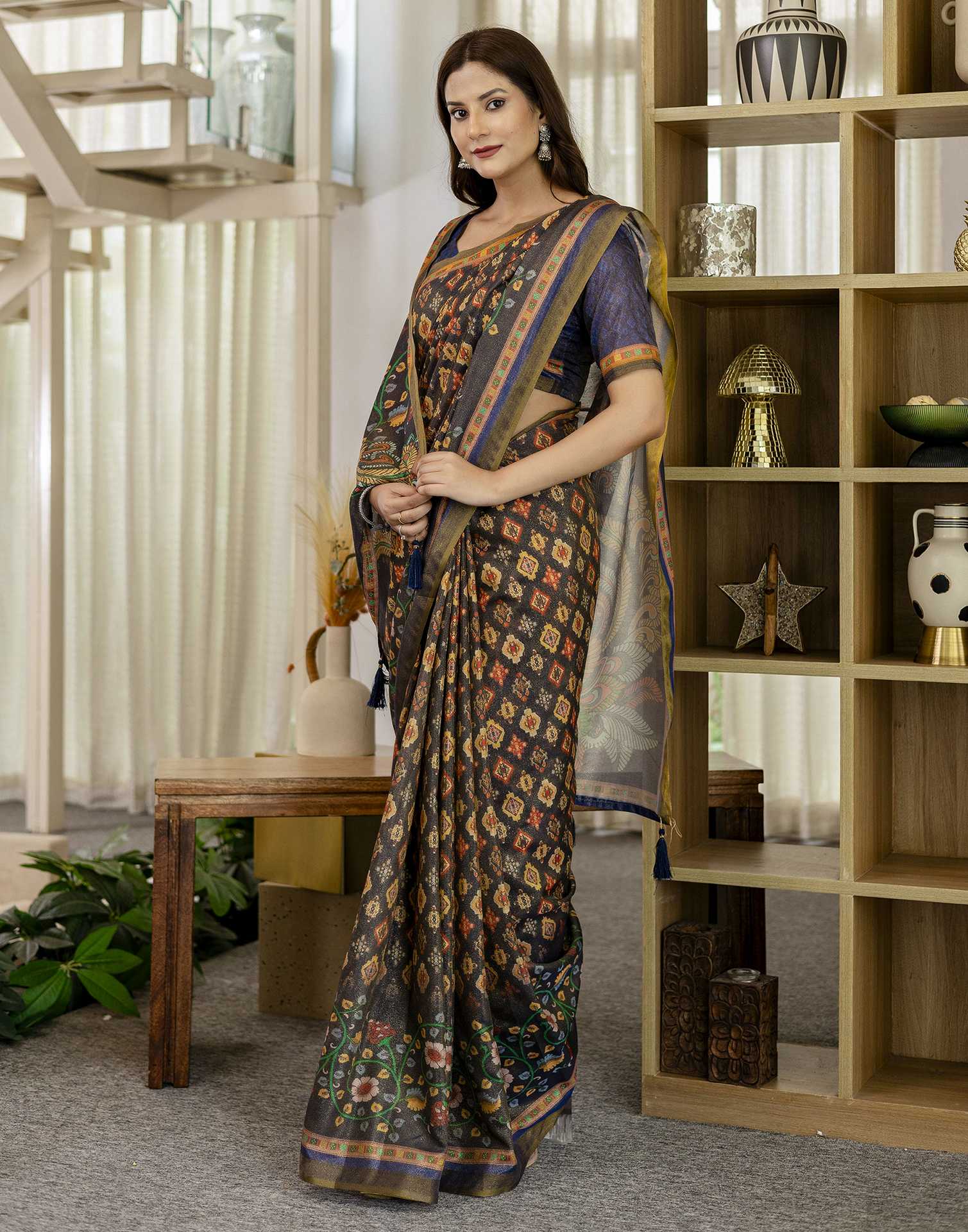 Navy Blue Shimmer Silk Printed Saree
