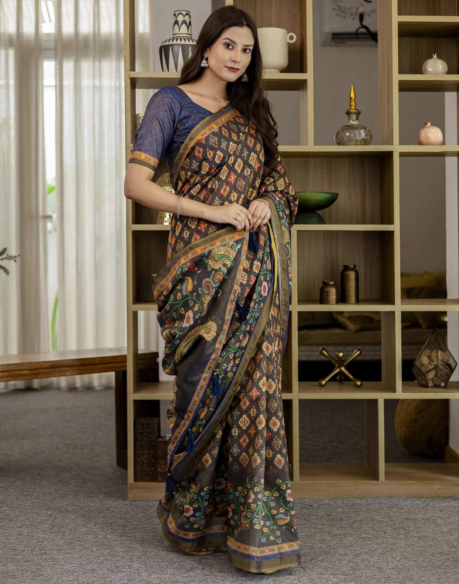 Navy Blue Shimmer Silk Printed Saree