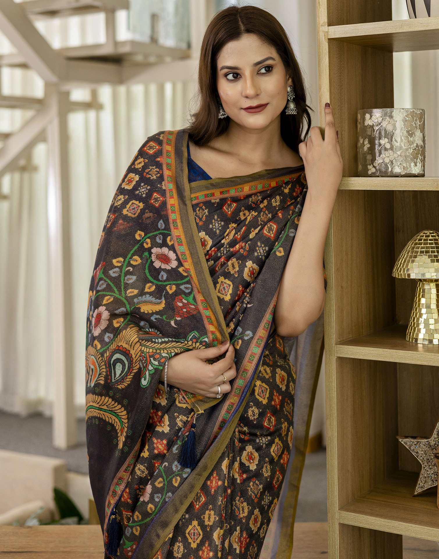 Navy Blue Shimmer Silk Printed Saree