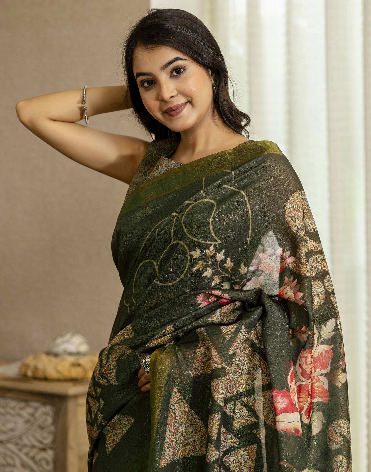 Dark Green Shimmer Silk Printed Saree