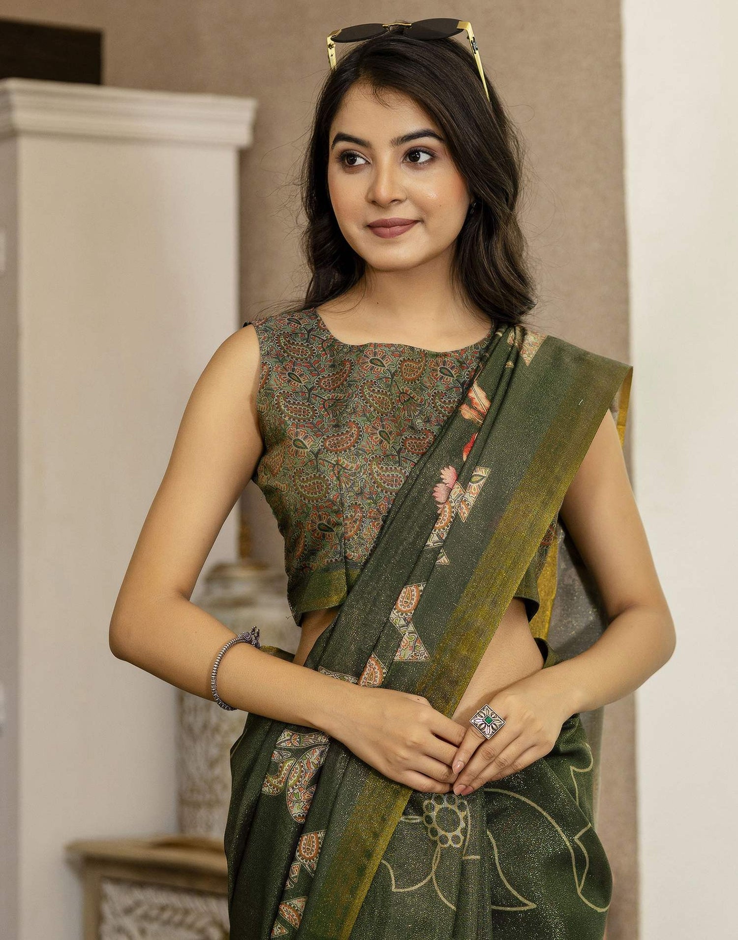Dark Green Shimmer Silk Printed Saree