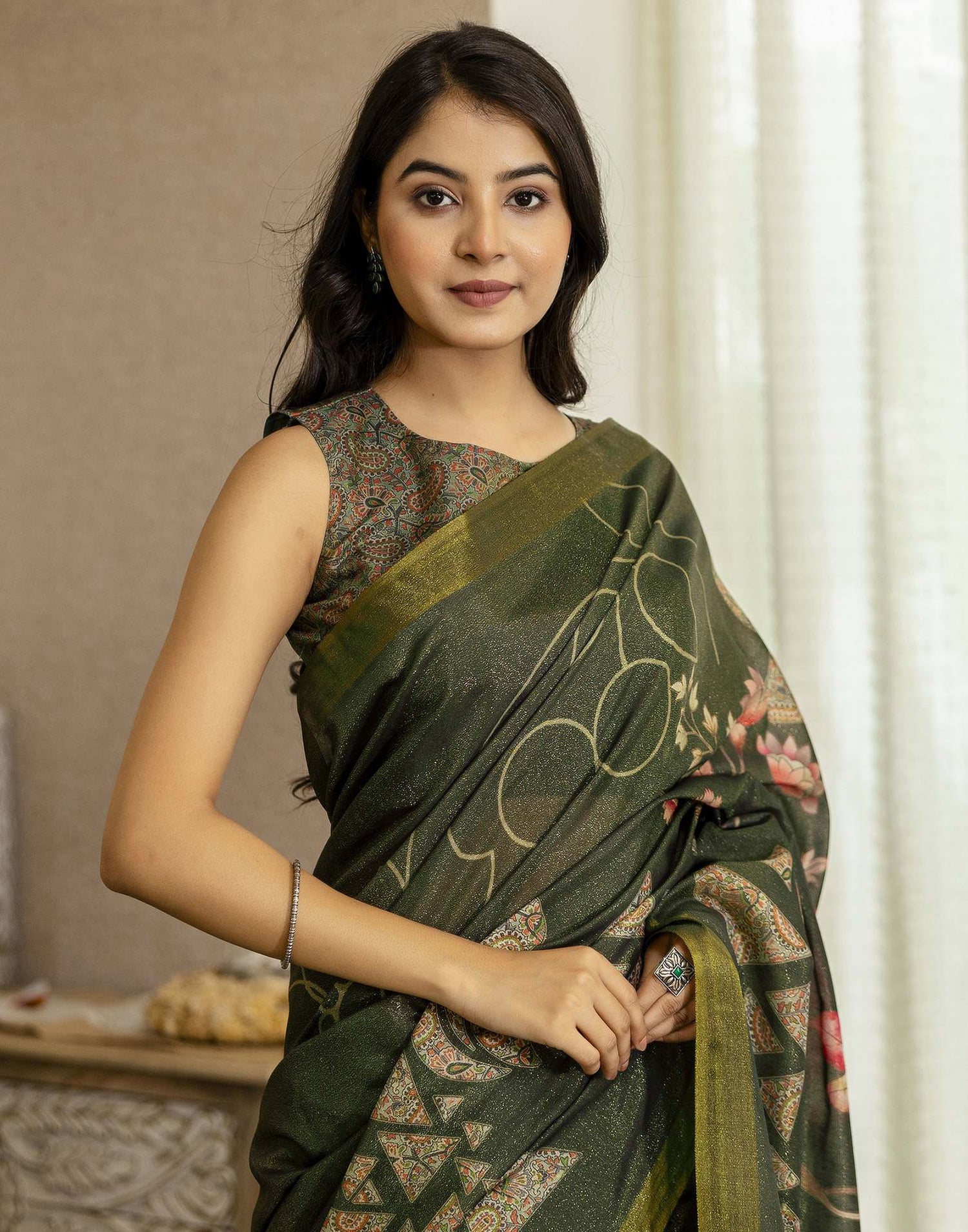 Dark Green Shimmer Silk Printed Saree