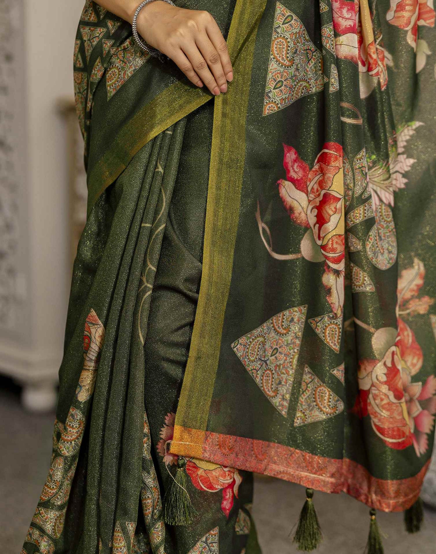 Dark Green Shimmer Silk Printed Saree