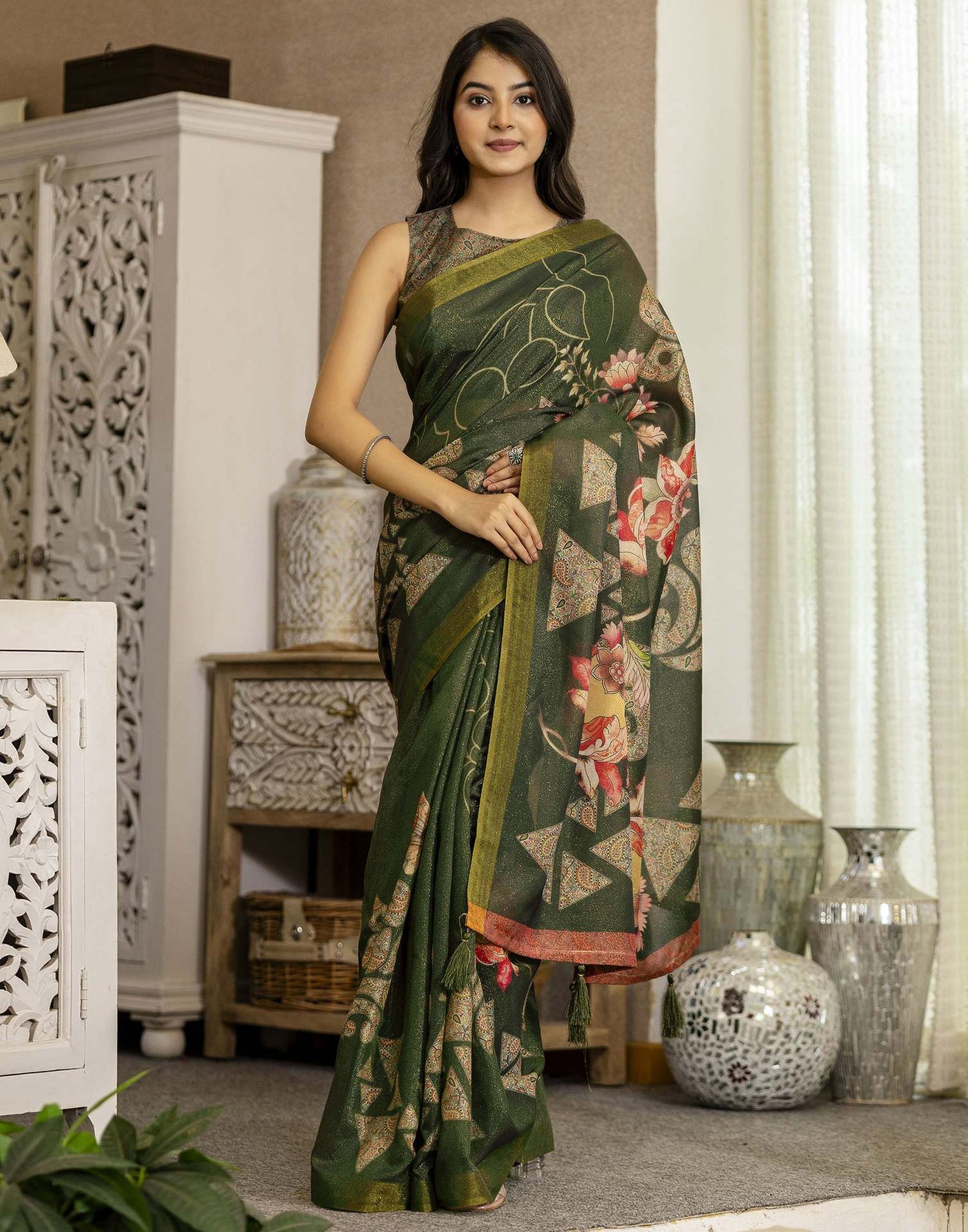 Dark Green Shimmer Silk Printed Saree