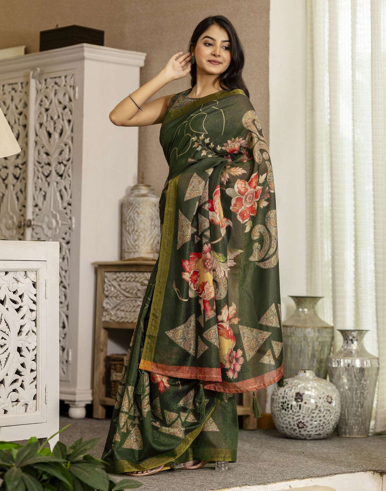 Dark Green Shimmer Silk Printed Saree