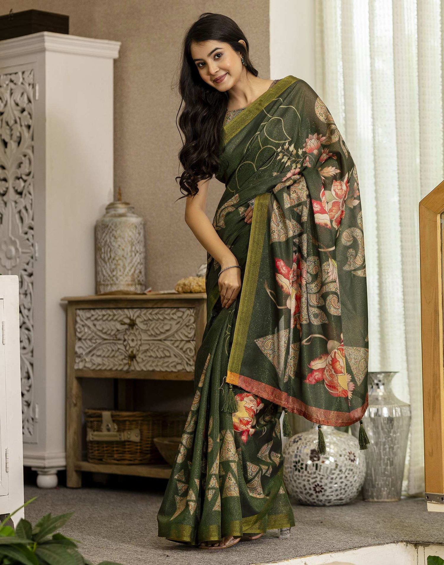 Dark Green Shimmer Silk Printed Saree