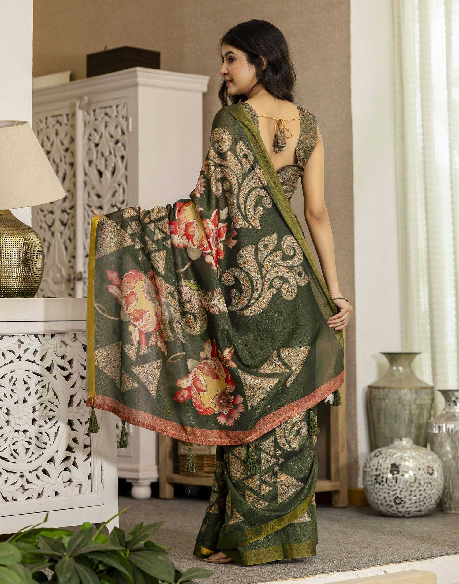 Dark Green Shimmer Silk Printed Saree