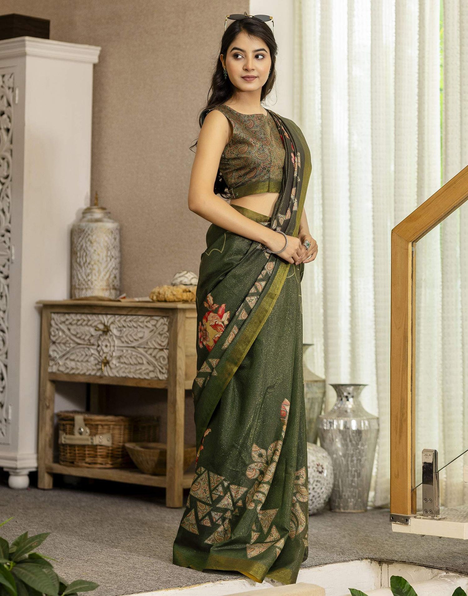 Dark Green Shimmer Silk Printed Saree