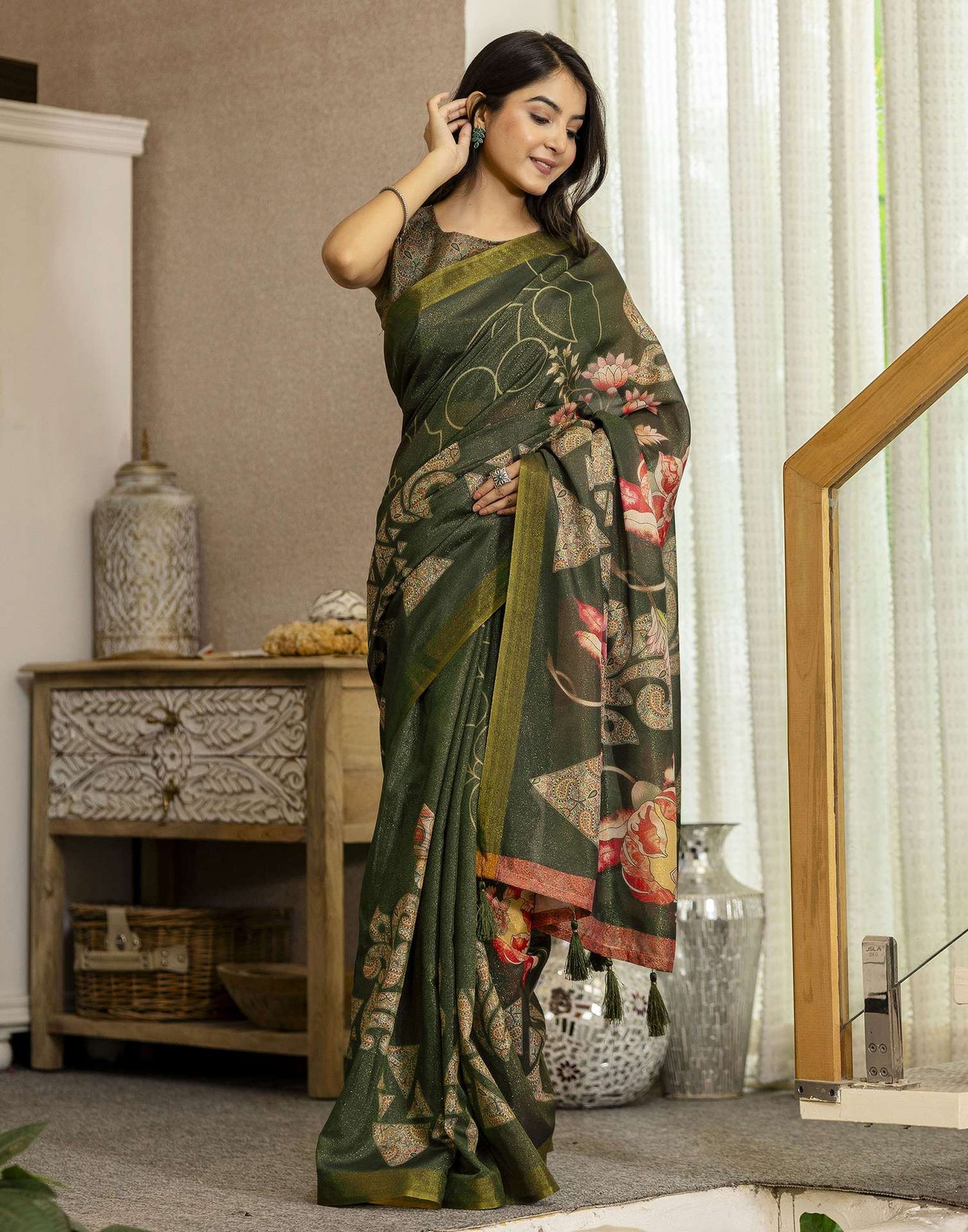 Dark Green Shimmer Silk Printed Saree
