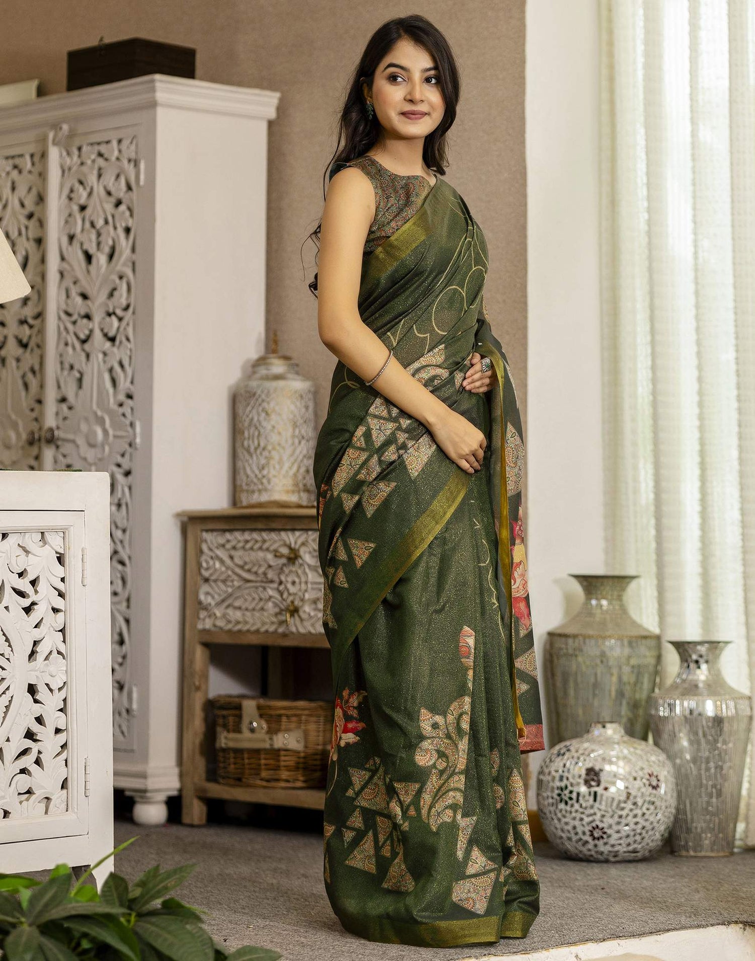 Dark Green Shimmer Silk Printed Saree