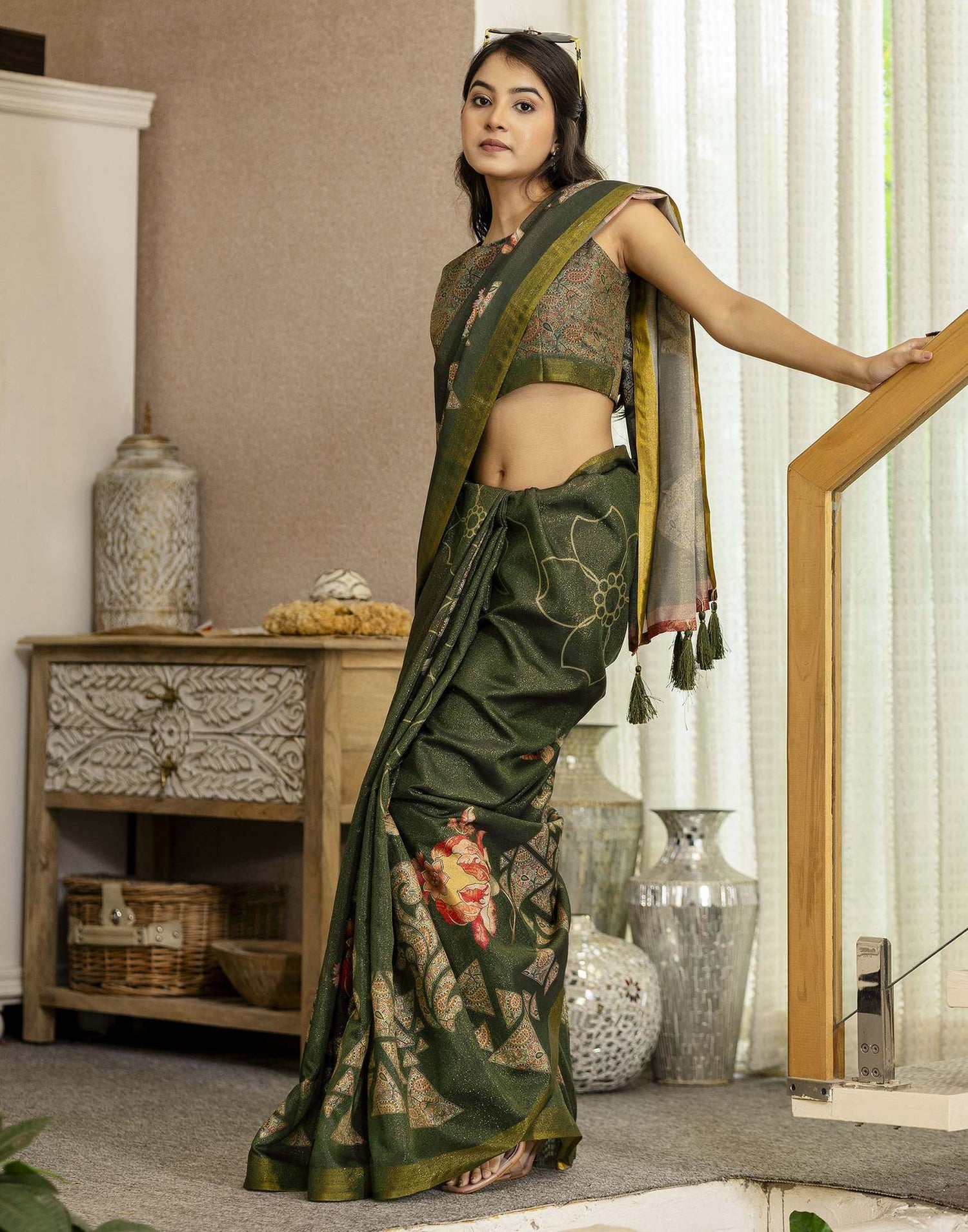 Dark Green Shimmer Silk Printed Saree
