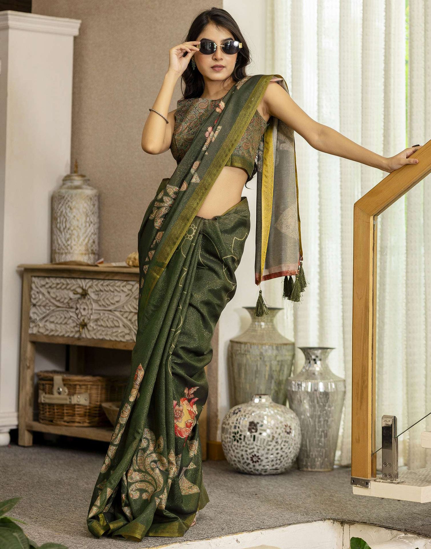 Dark Green Shimmer Silk Printed Saree