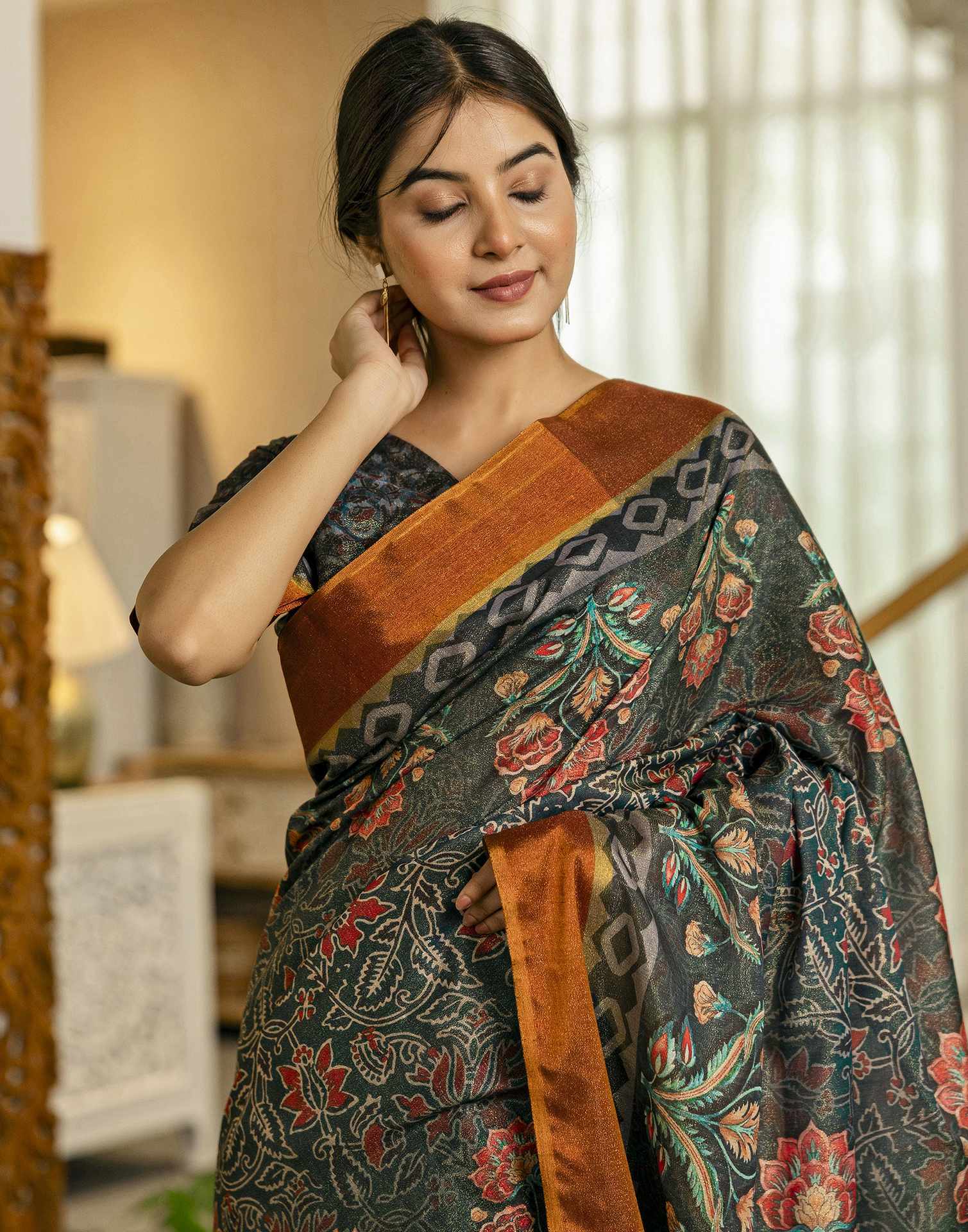 Dusty Rama Green Shimmer Silk Floral Printed Saree