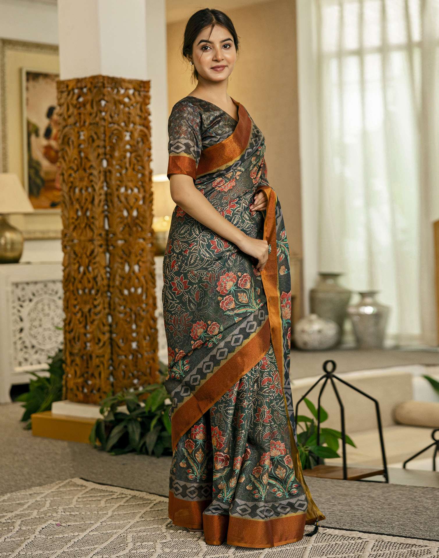Dusty Rama Green Shimmer Silk Floral Printed Saree