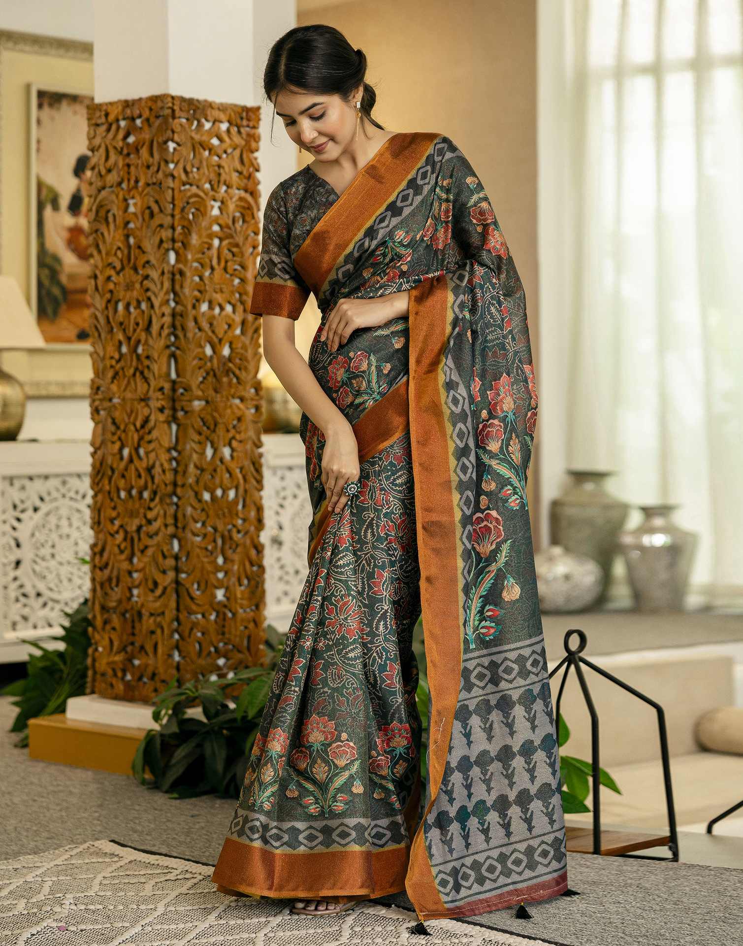 Dusty Rama Green Shimmer Silk Floral Printed Saree