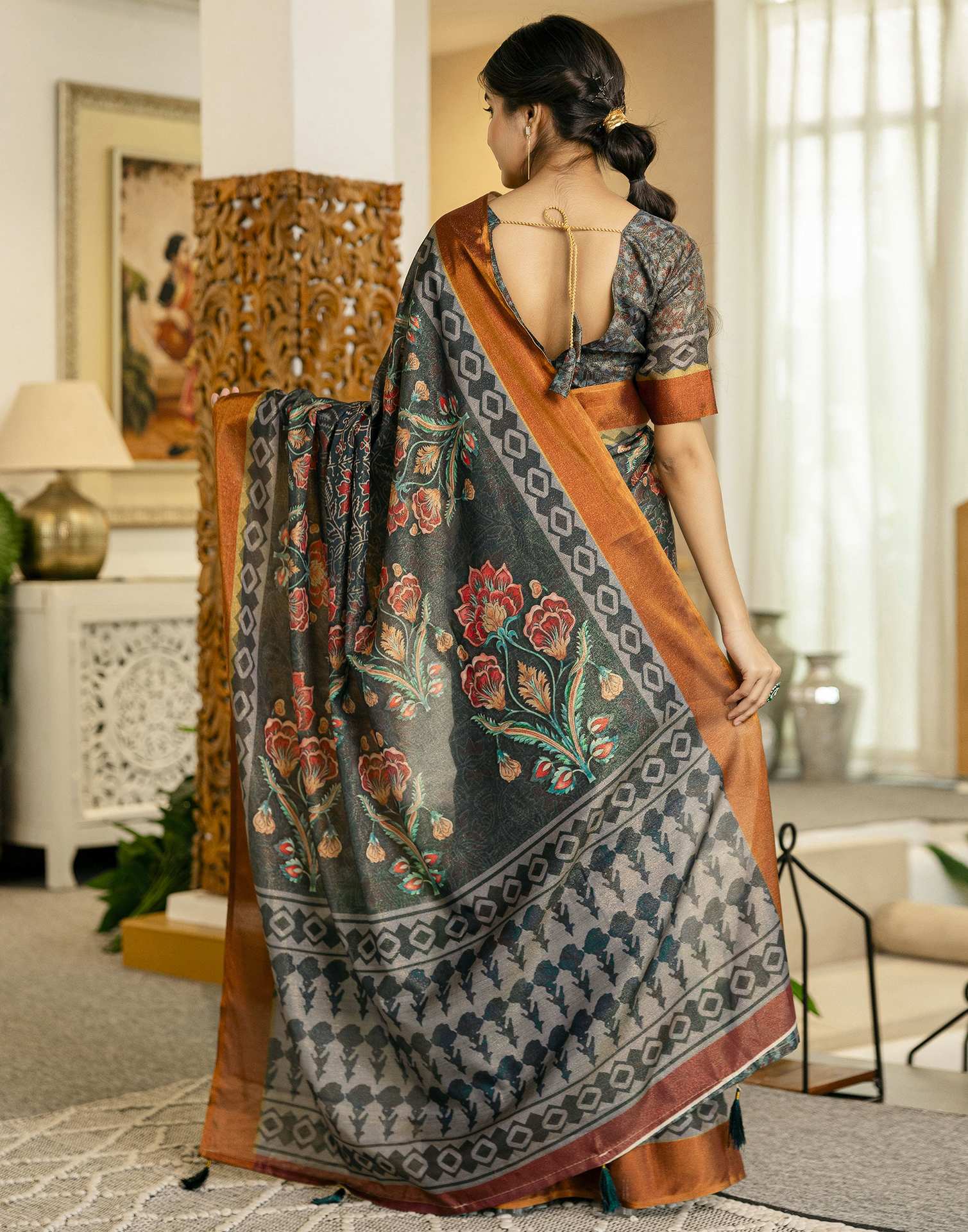 Dusty Rama Green Shimmer Silk Floral Printed Saree