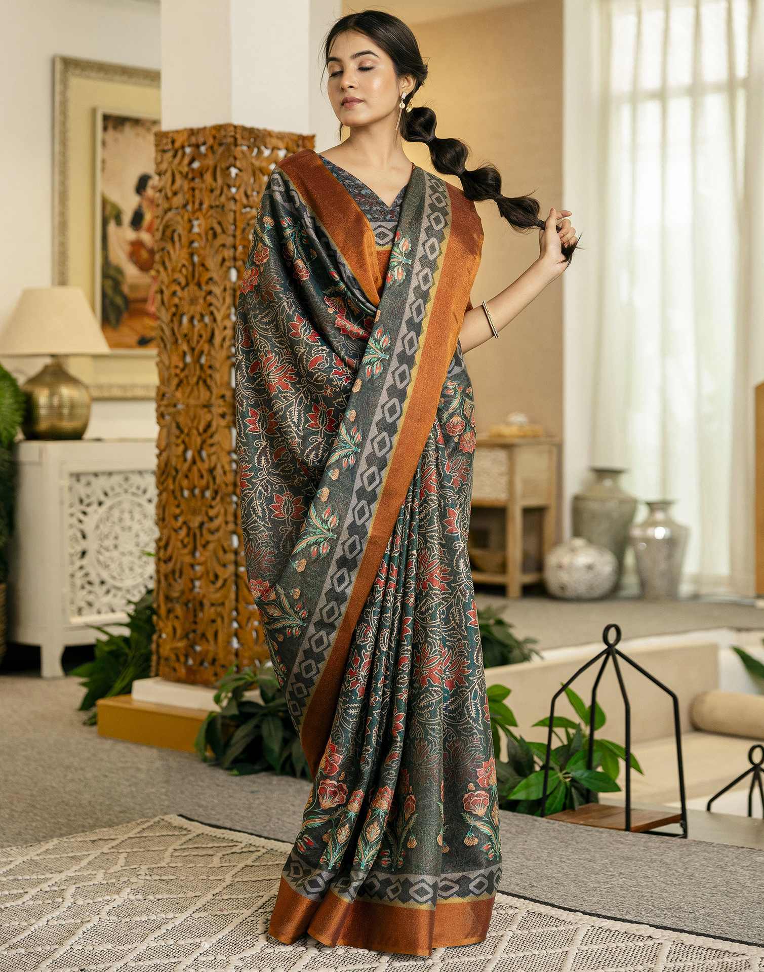 Dusty Rama Green Shimmer Silk Floral Printed Saree