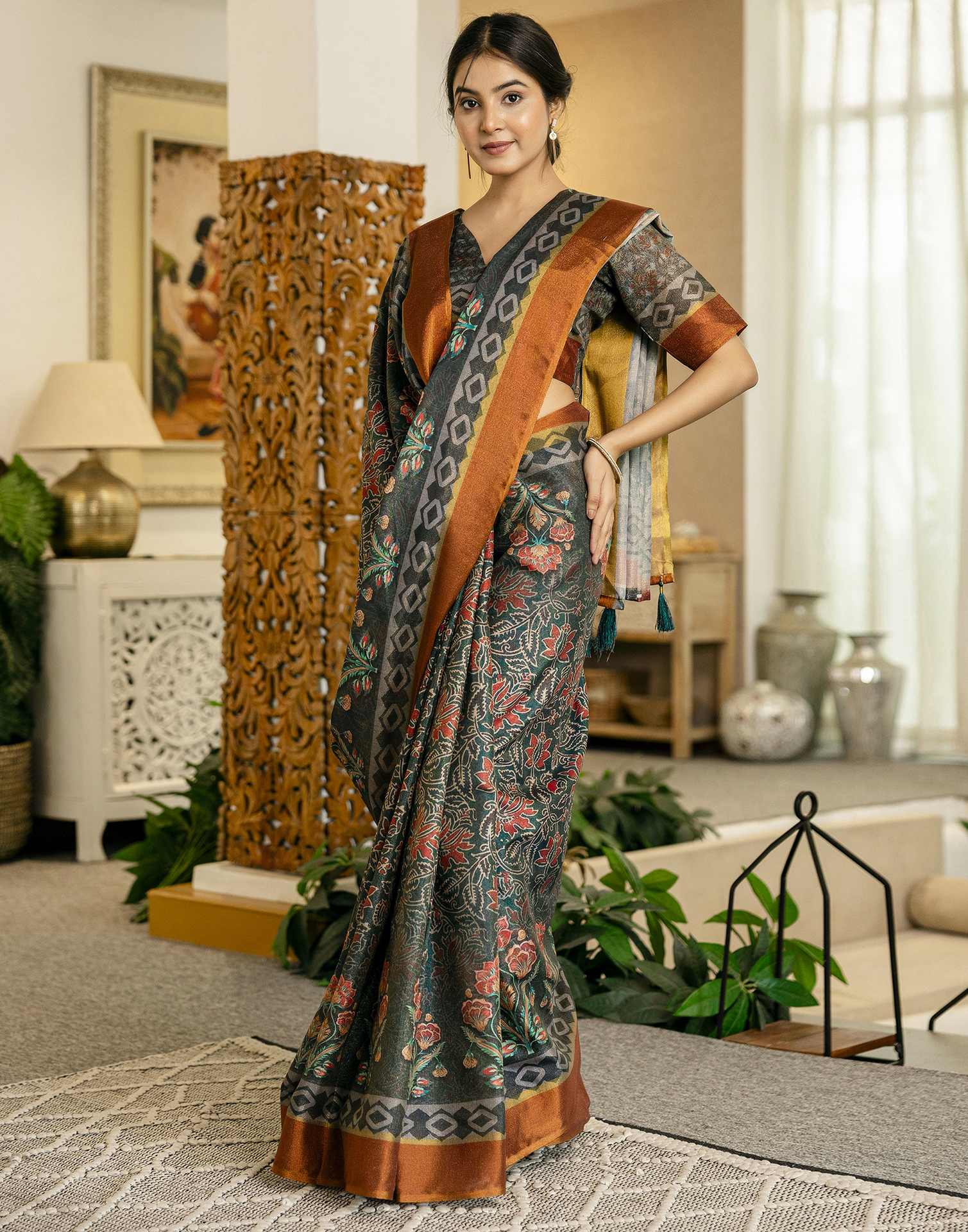 Dusty Rama Green Shimmer Silk Floral Printed Saree