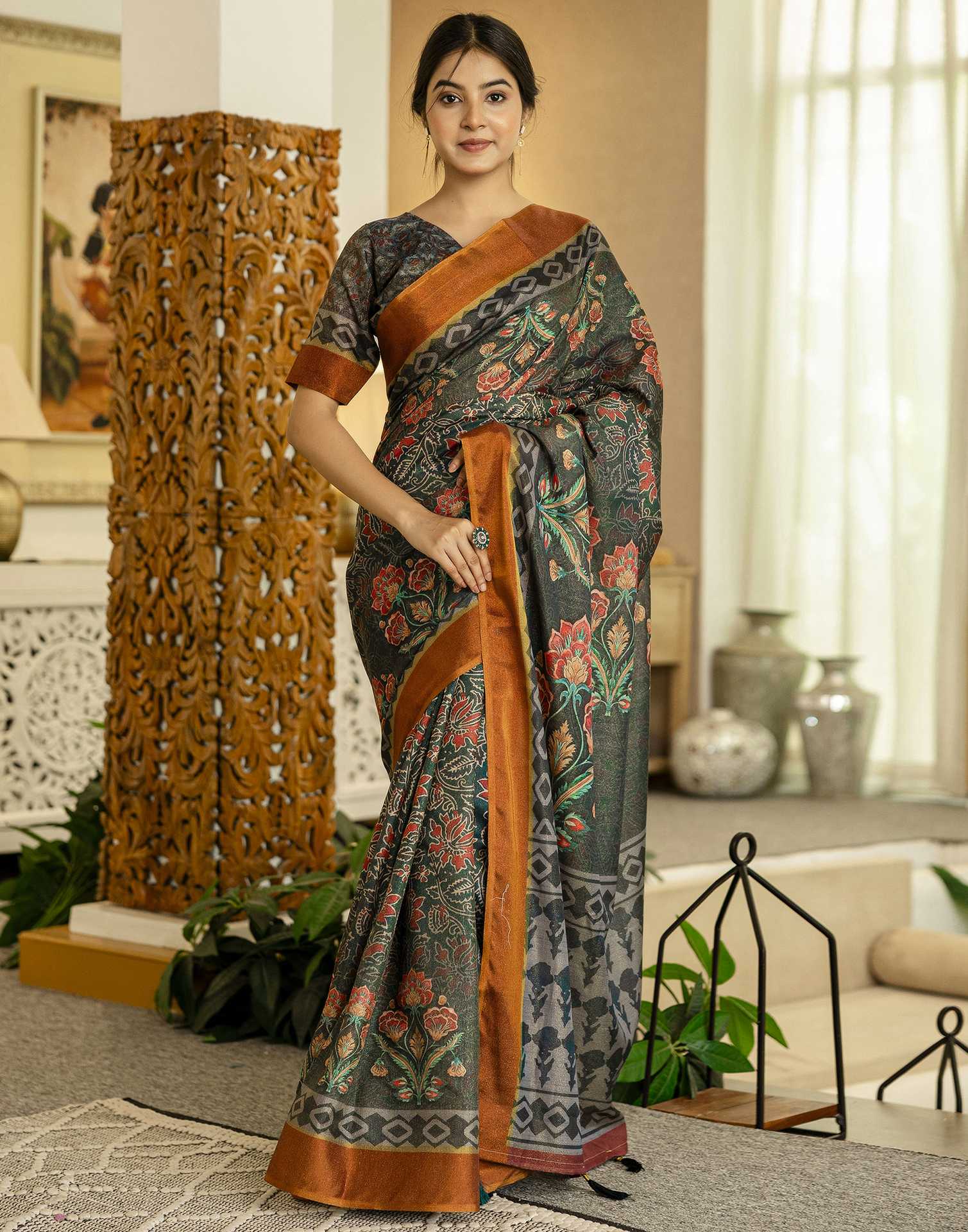 Dusty Rama Green Shimmer Silk Floral Printed Saree
