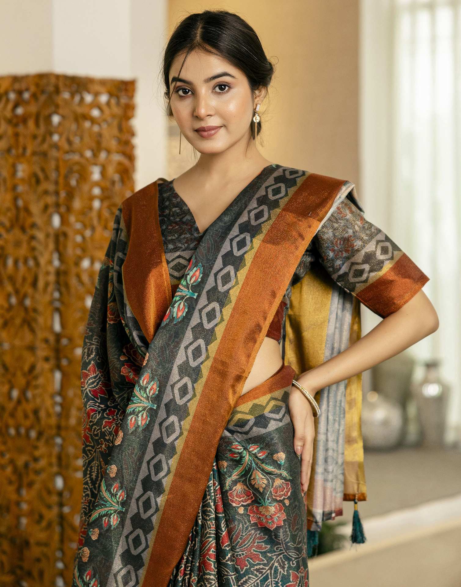 Dusty Rama Green Shimmer Silk Floral Printed Saree