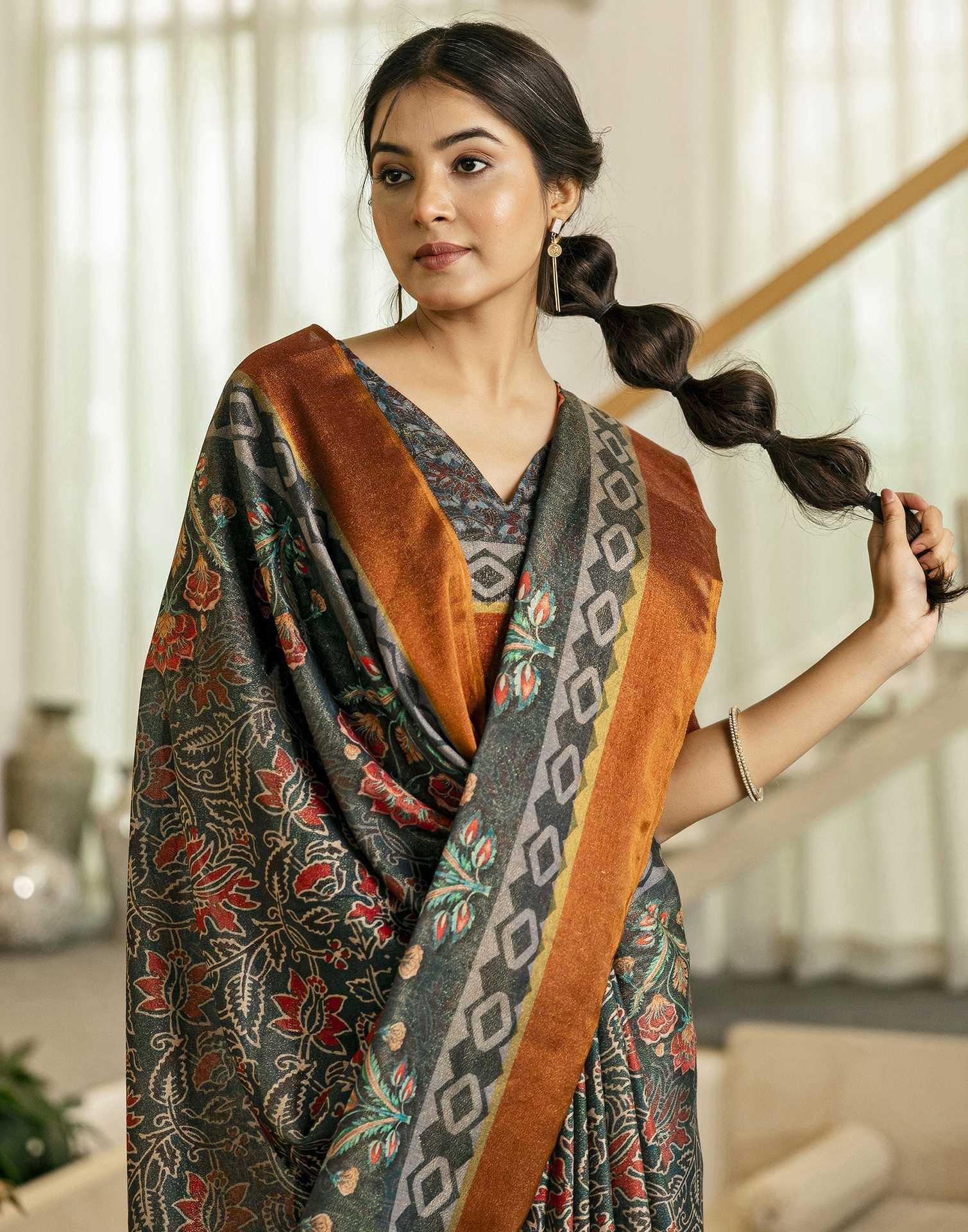 Dusty Rama Green Shimmer Silk Floral Printed Saree