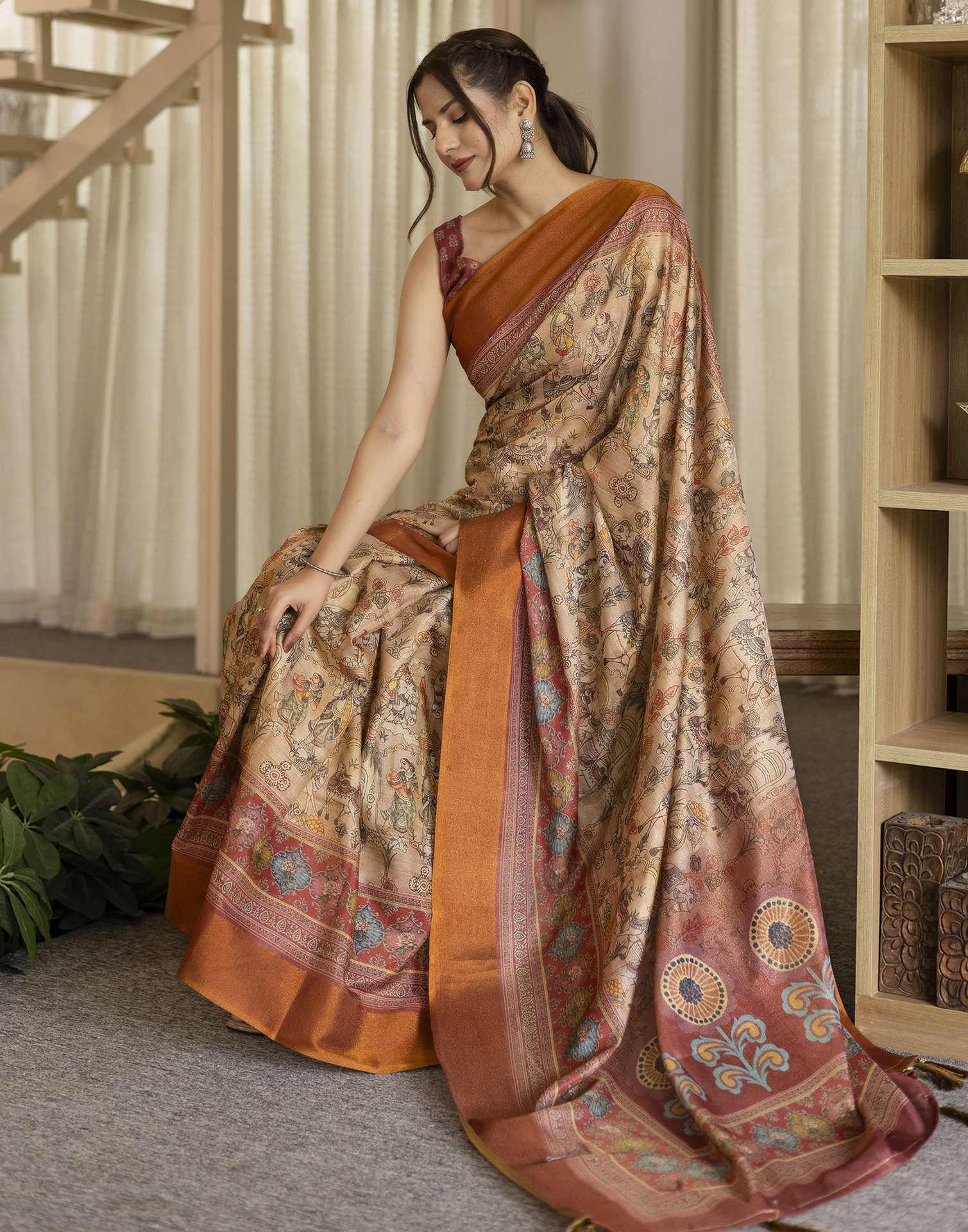 Beige Shimmer Silk Printed Saree