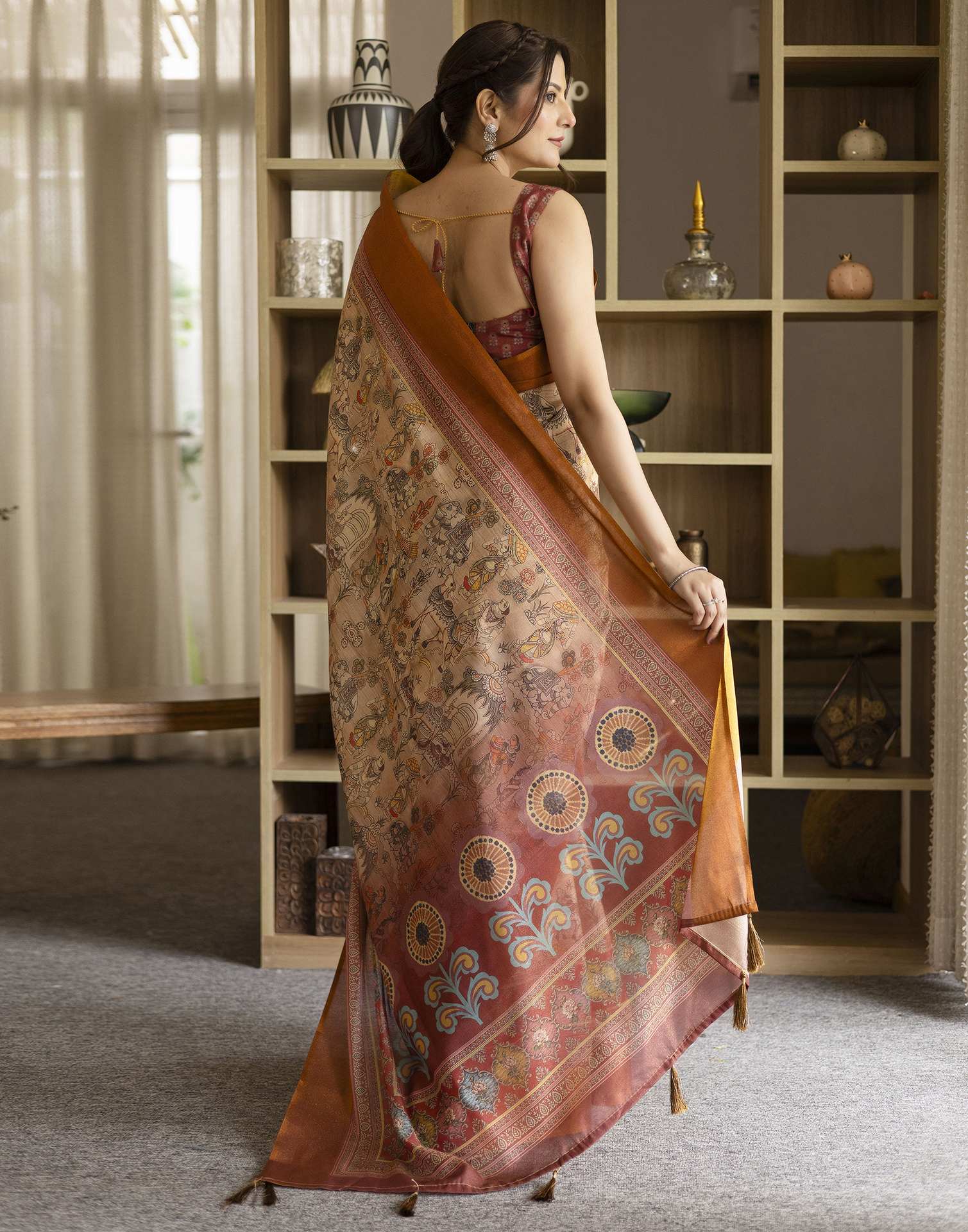 Beige Shimmer Silk Printed Saree