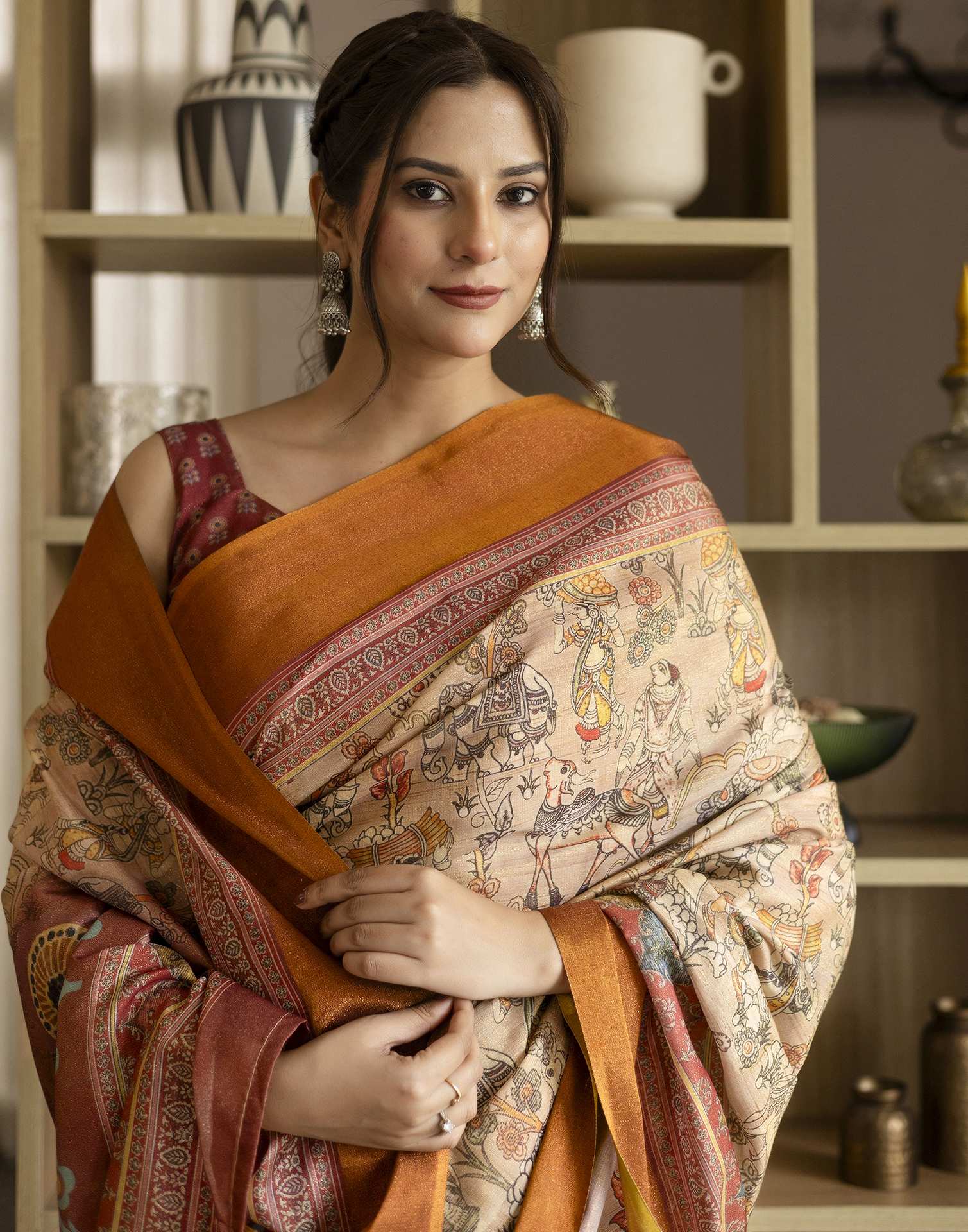 Beige Shimmer Silk Printed Saree