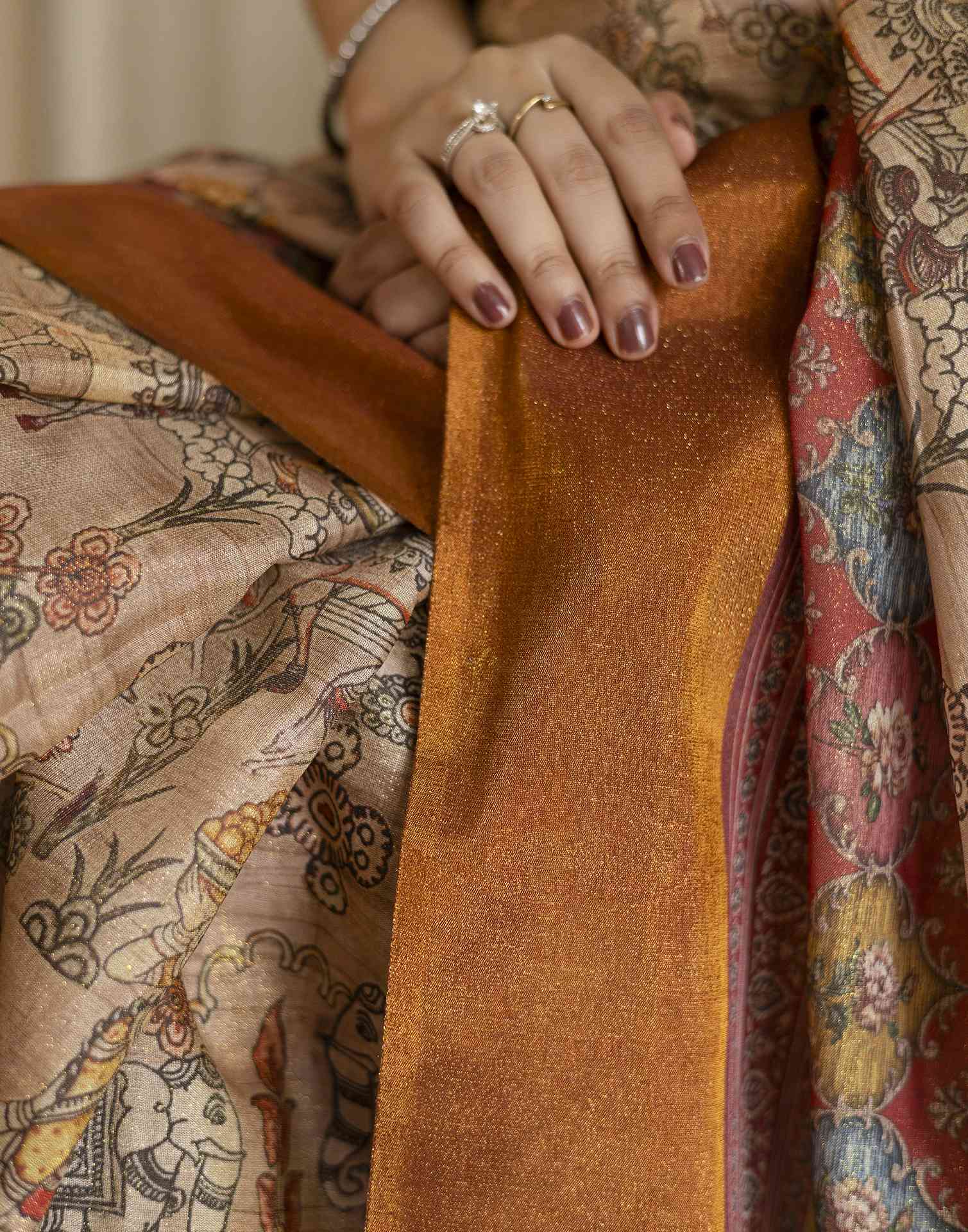 Beige Shimmer Silk Printed Saree